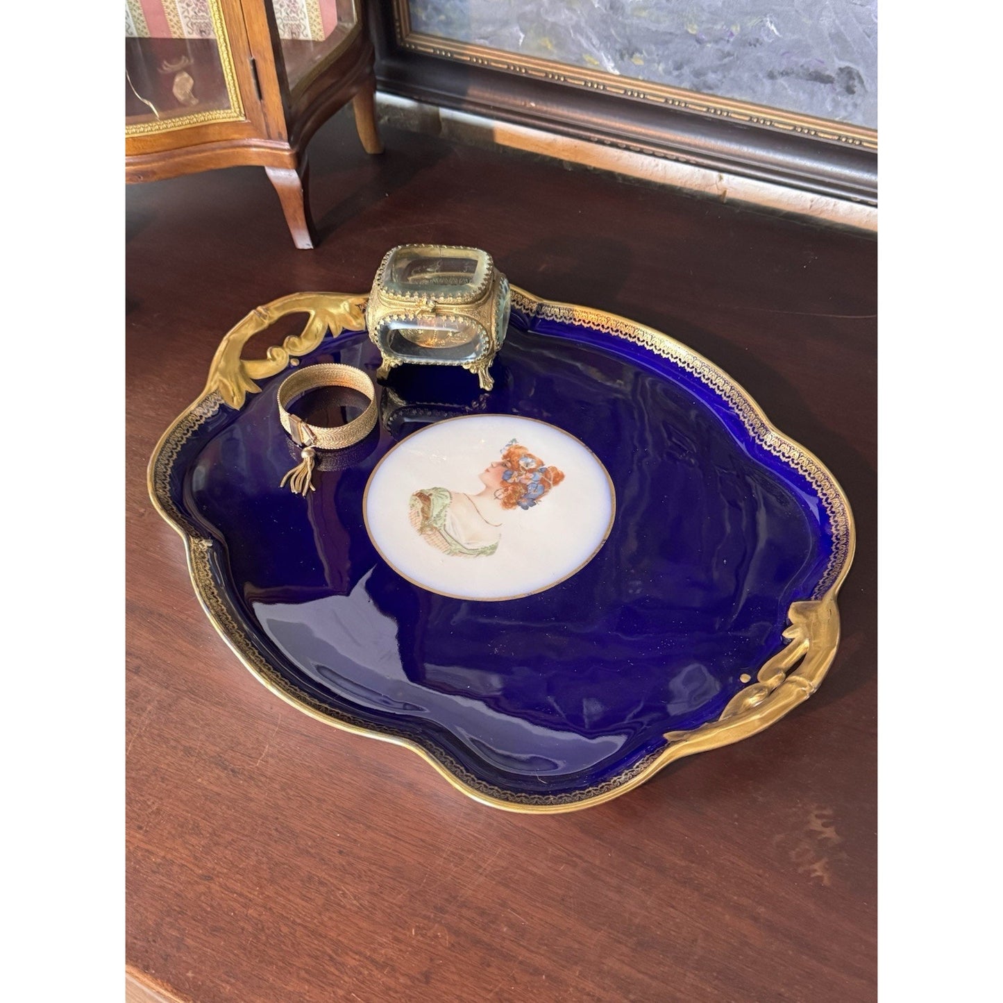 Limoges France Vanity Tray Guerin Cobalt Blue Gold Portrait Porcelain 17.75”