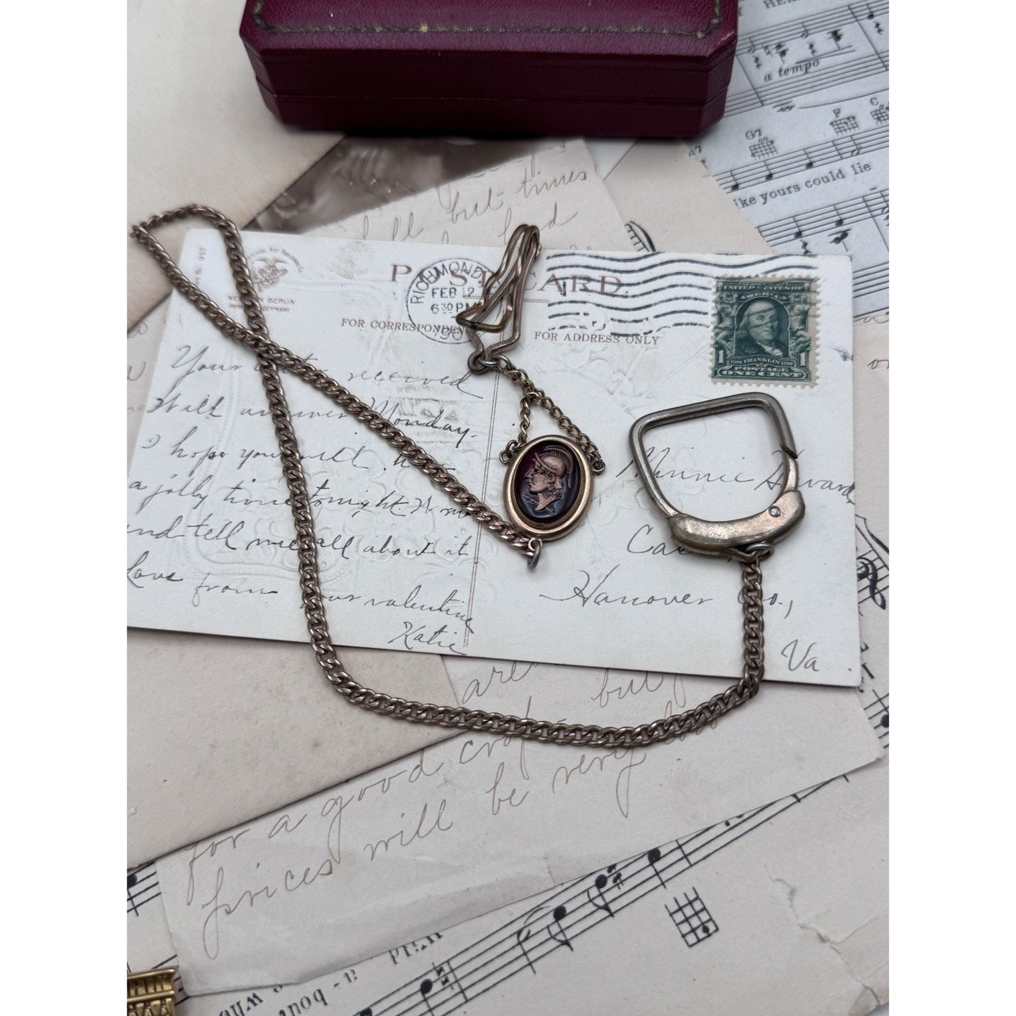 Vintage Rose Goldtone Watch Chain with Roman Centurion Faux Intaglio Pendant