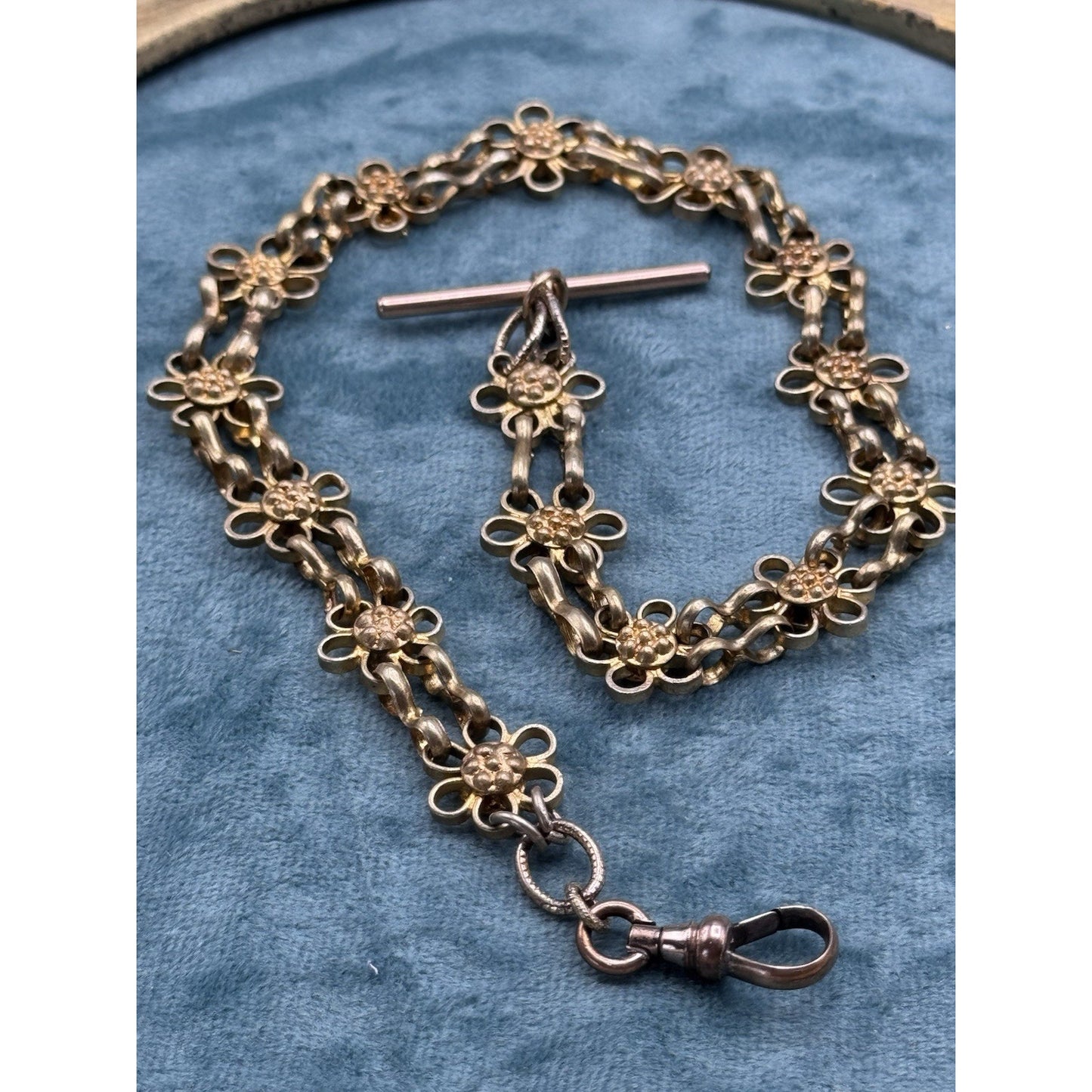 Antique Victorian Floral Link Watch Chain Rose Gold Filled T Bar Dog Clip