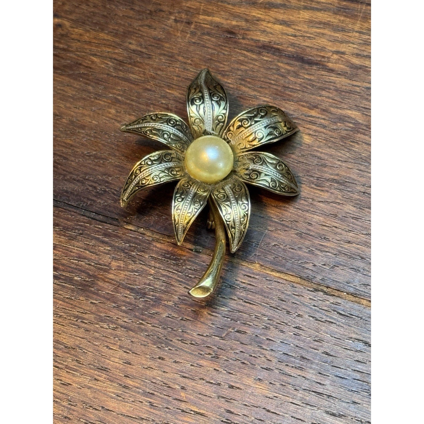 Spain Damascene Flower Brooch Goldtone Faux Pearl Vintage Toledo Style