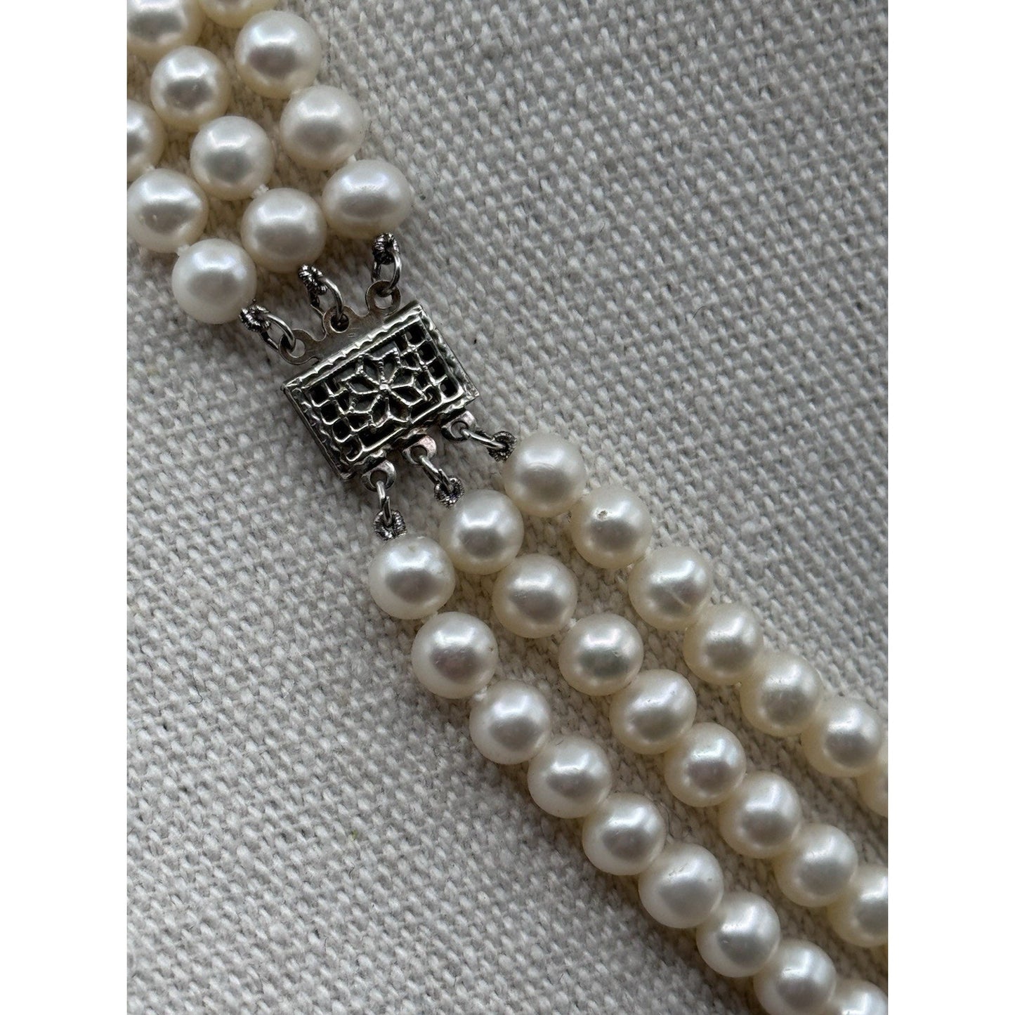 Vintage Cultured Pearl Necklace 3 Strand 16” White Pearls Silvertone Clasp
