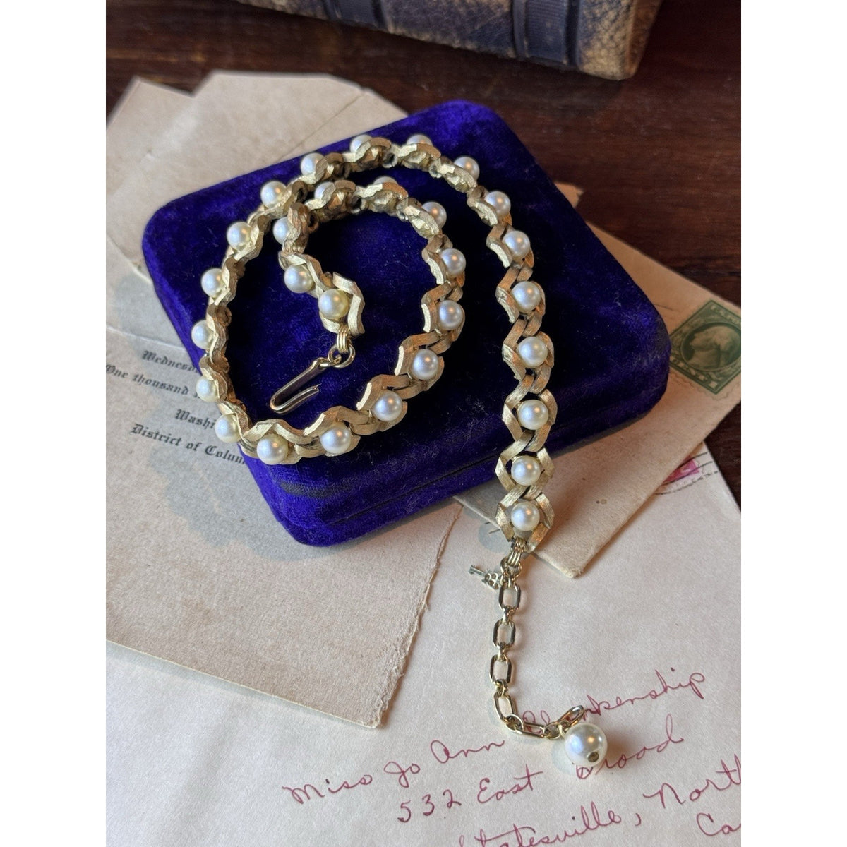 Vintage Trifari Faux Pearl Necklace Brushed Goldtone Signed Adjustable 16” x .5”