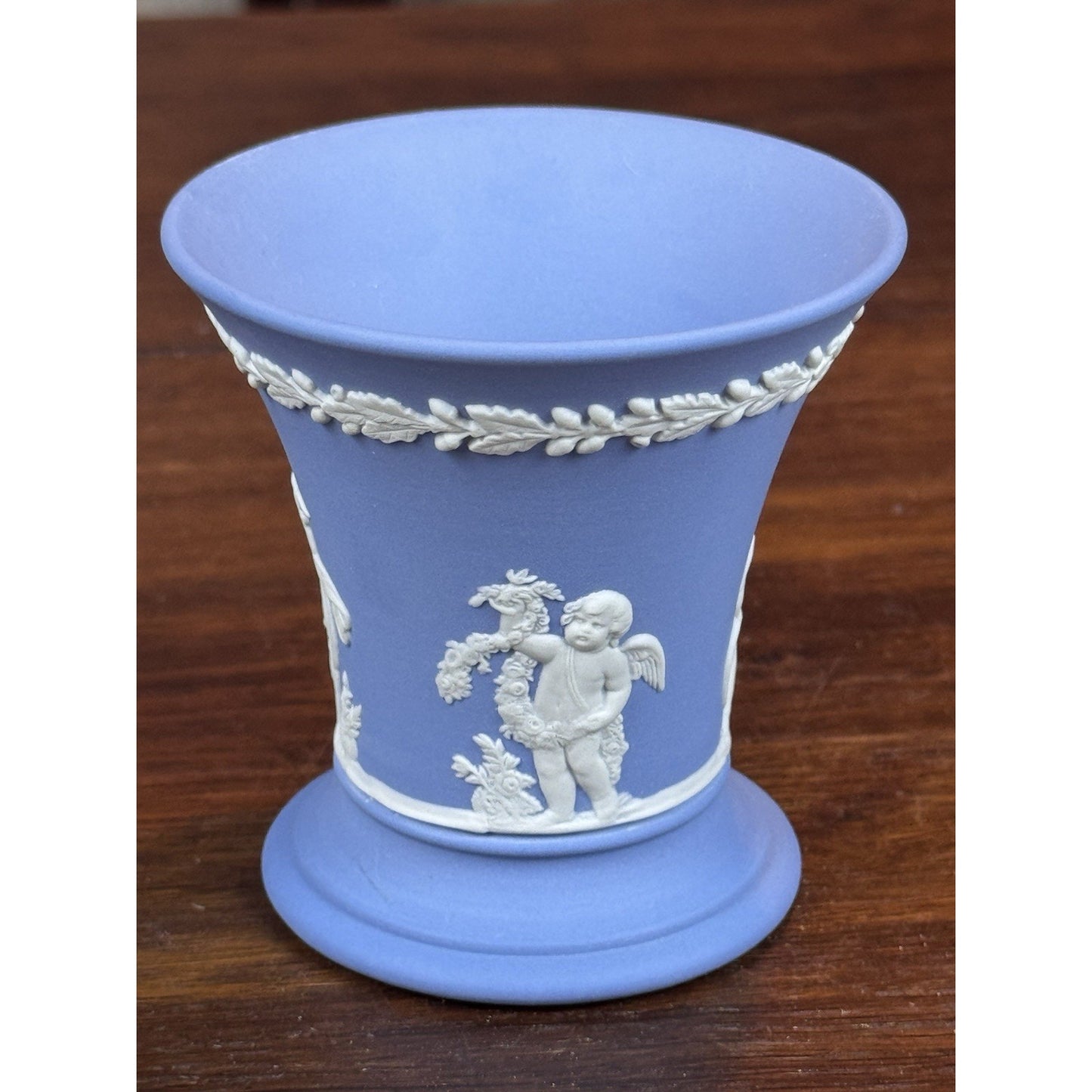 Vintage Wedgwood Blue Jasperware Small Vase Cherubs Putti Classical 3.5”