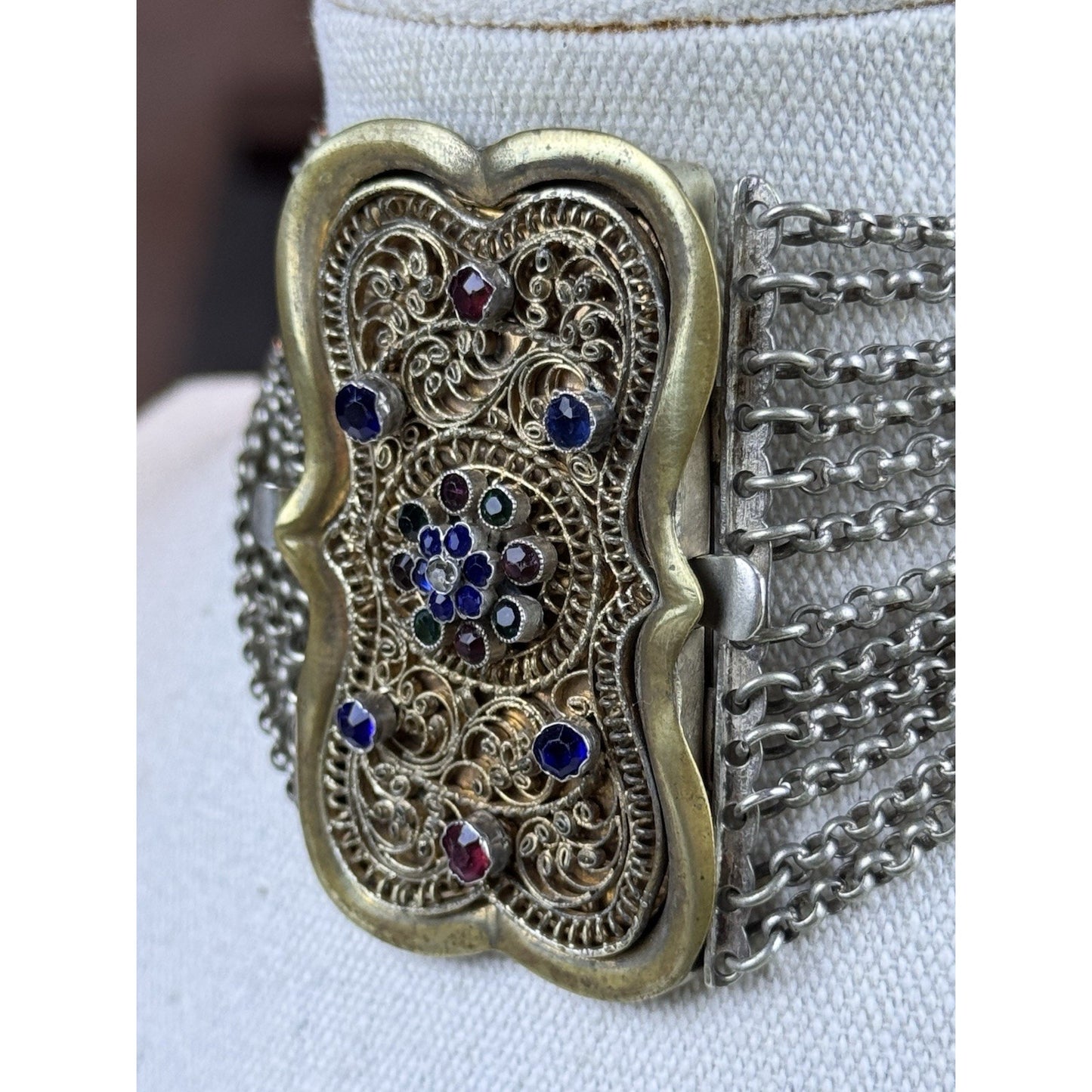 Vintage Trachten Choker Necklace 12 Strand Rhinestone Filigree Brass 13”