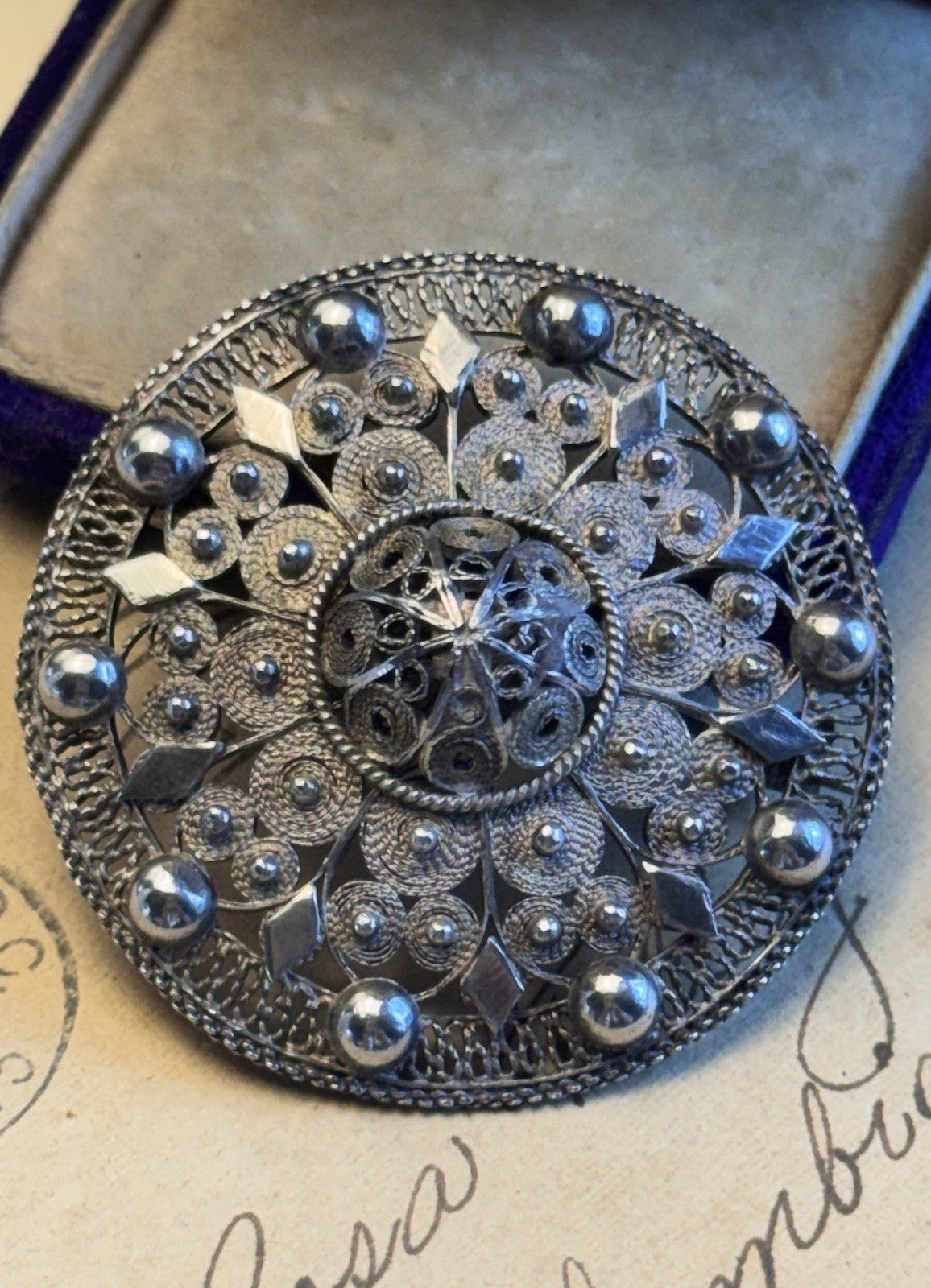 990 Silver Cannetille Filigree Brooch Antique Style Round Statement Pin 1.75"