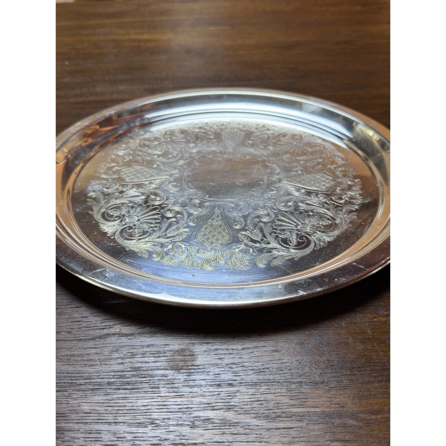 Vintage Silverplate Round Serving Tray 12” Ornate Floral Engraved Platter