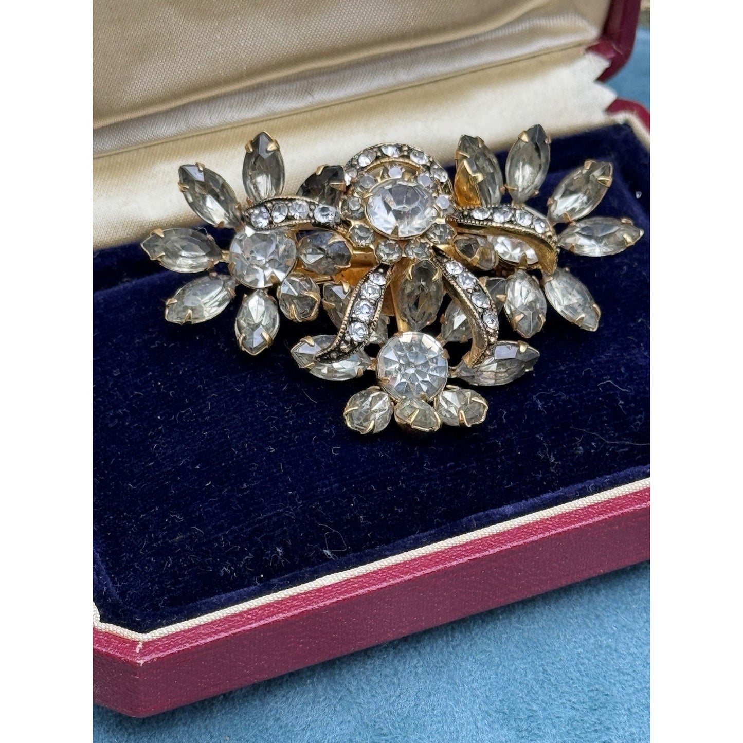 Vintage Brooch Rhinestone Goldtone Gray Clear Floral Spray 2 3/8” Estate