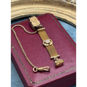 Gold-Filled Watch Fob Strap Monogram Mesh Chain Dog Clip 5.5” HFB Vintage