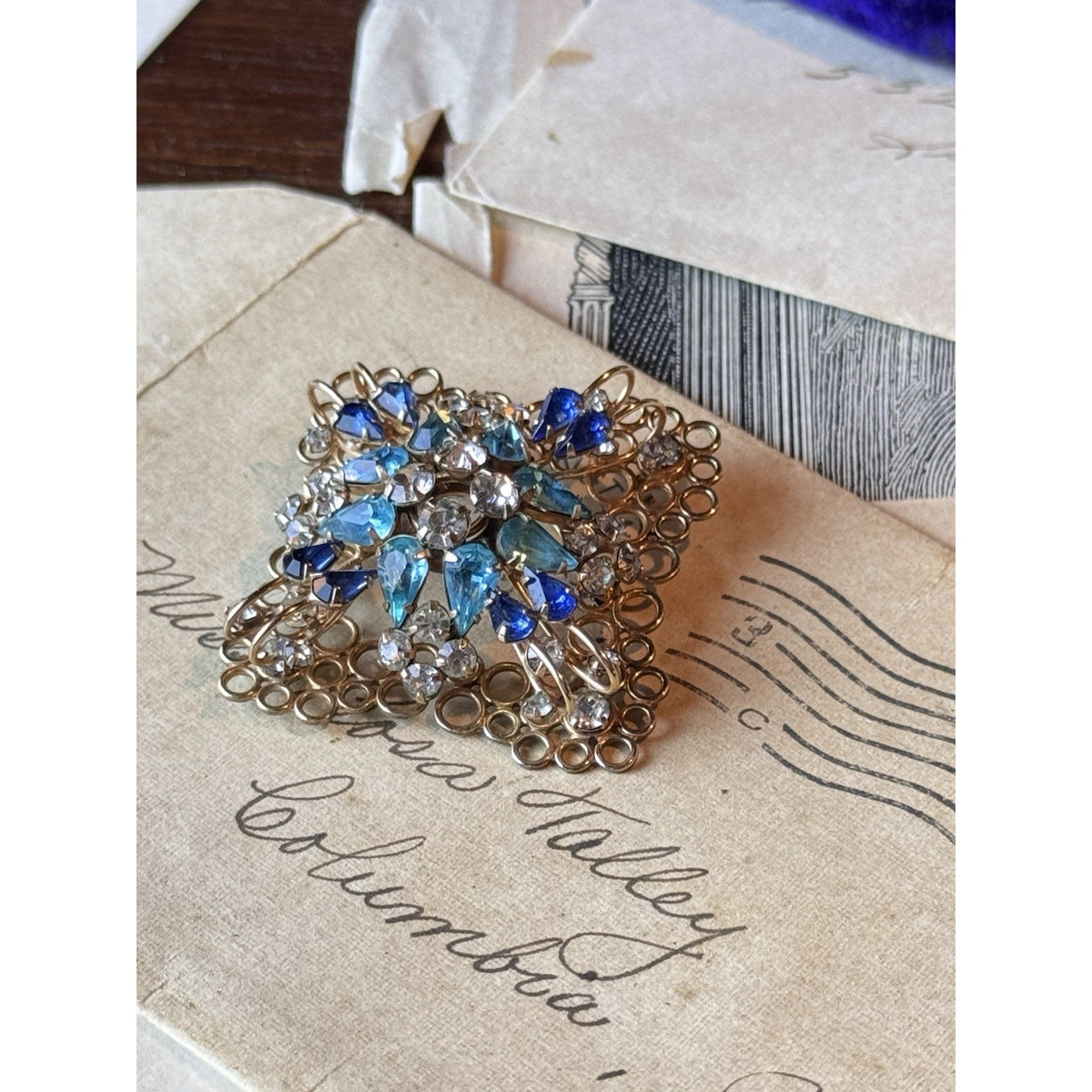 Deri Brooch Pendant Blue Rhinestone Gold Filled SIGNED 2” Vintage