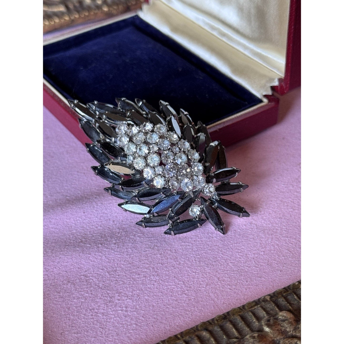 Vintage Black Rhinestone Brooch Clear Crystal Floral Spray Pin 3” Statement