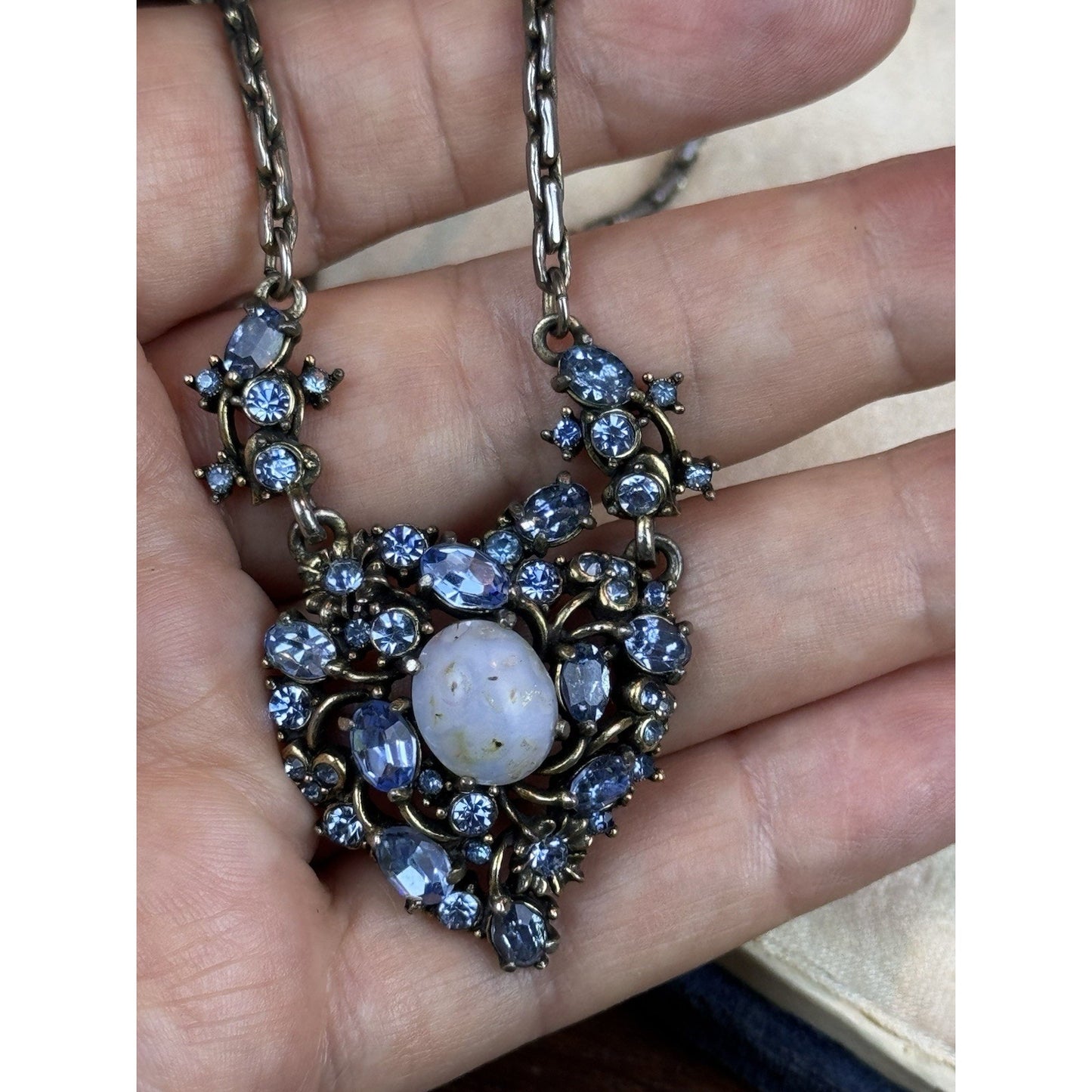 Vintage Hollycraft Necklace 1951 Blue Rhinestone Heart Easter Egg Silvertone 16”