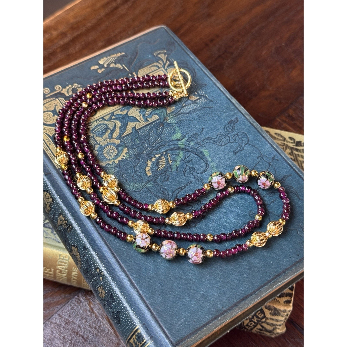 Garnet Double Strand Necklace 19” Floral Cloisonné Goldtone Beads Newly Restrung