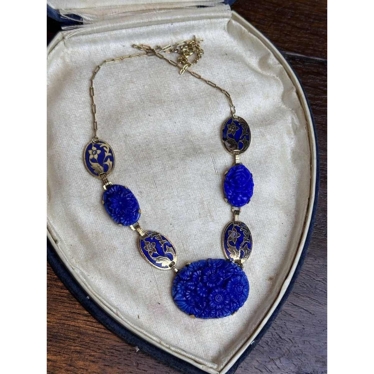 Vintage Czech Necklace Blue Pressed Glass Floral Enamel Goldtone Art Deco 16”