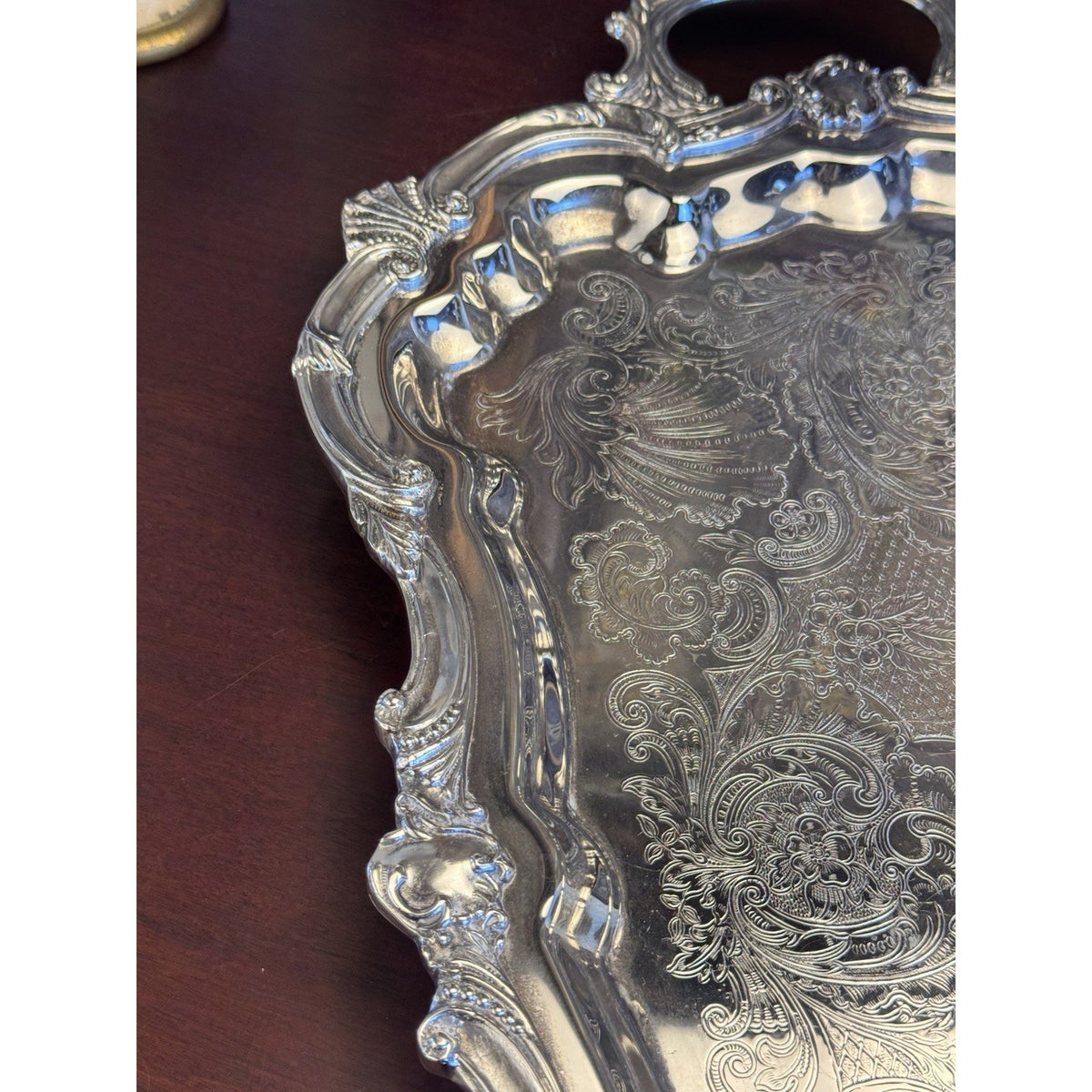 Silverplate Serving Tray Large Footed Serpentine Handled Shell Chased VINTAGE