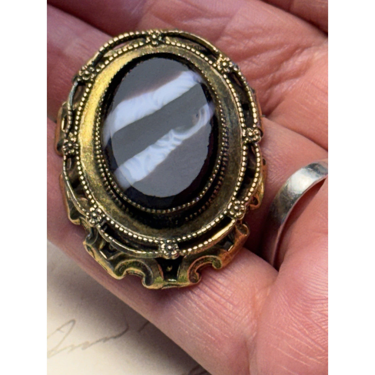 Original by Robert Victorian Revival Black & White Glass Cameo Brooch Pendant
