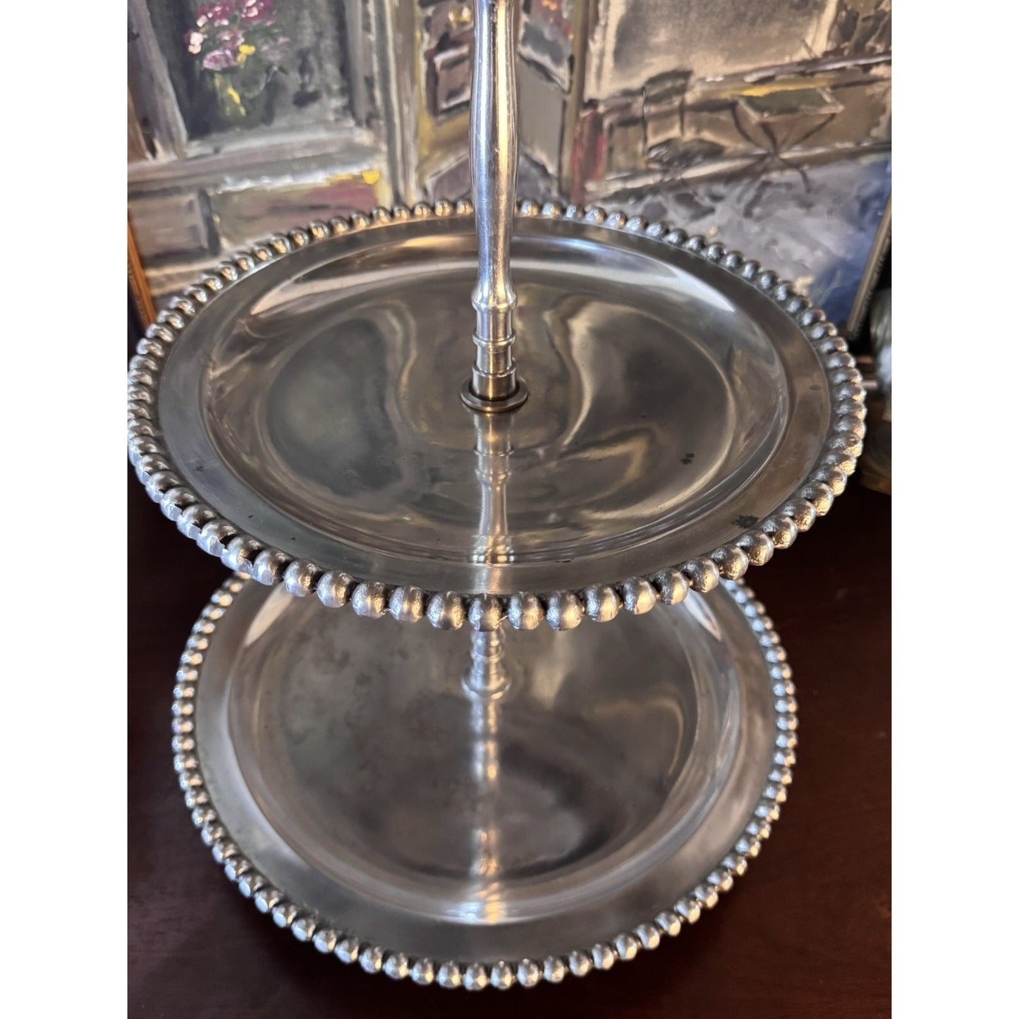 Three Tier Serving Stand Silvertone Beaded Edge Centerpiece Display 26”