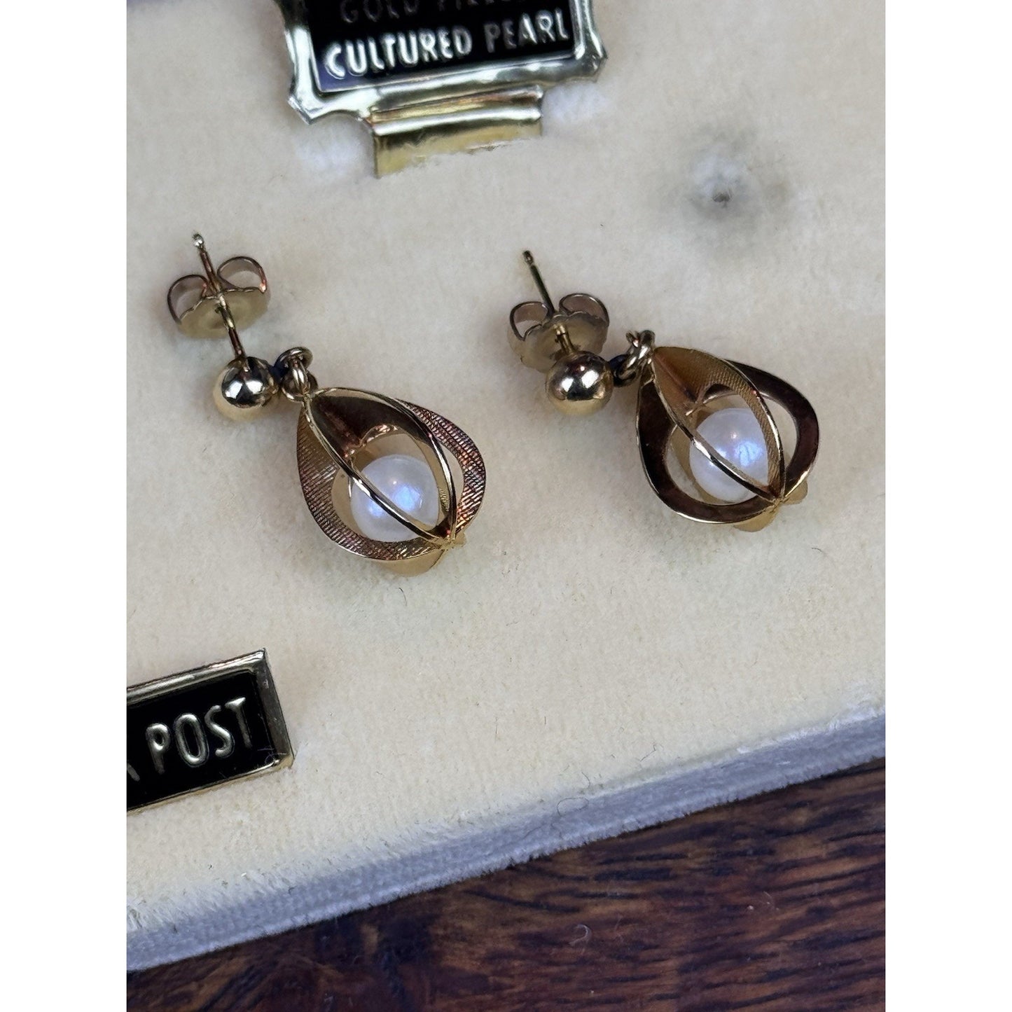 Vintage Gold Filled Cultured Pearl Drop Earrings 14K Posts Orig Case 1.25”