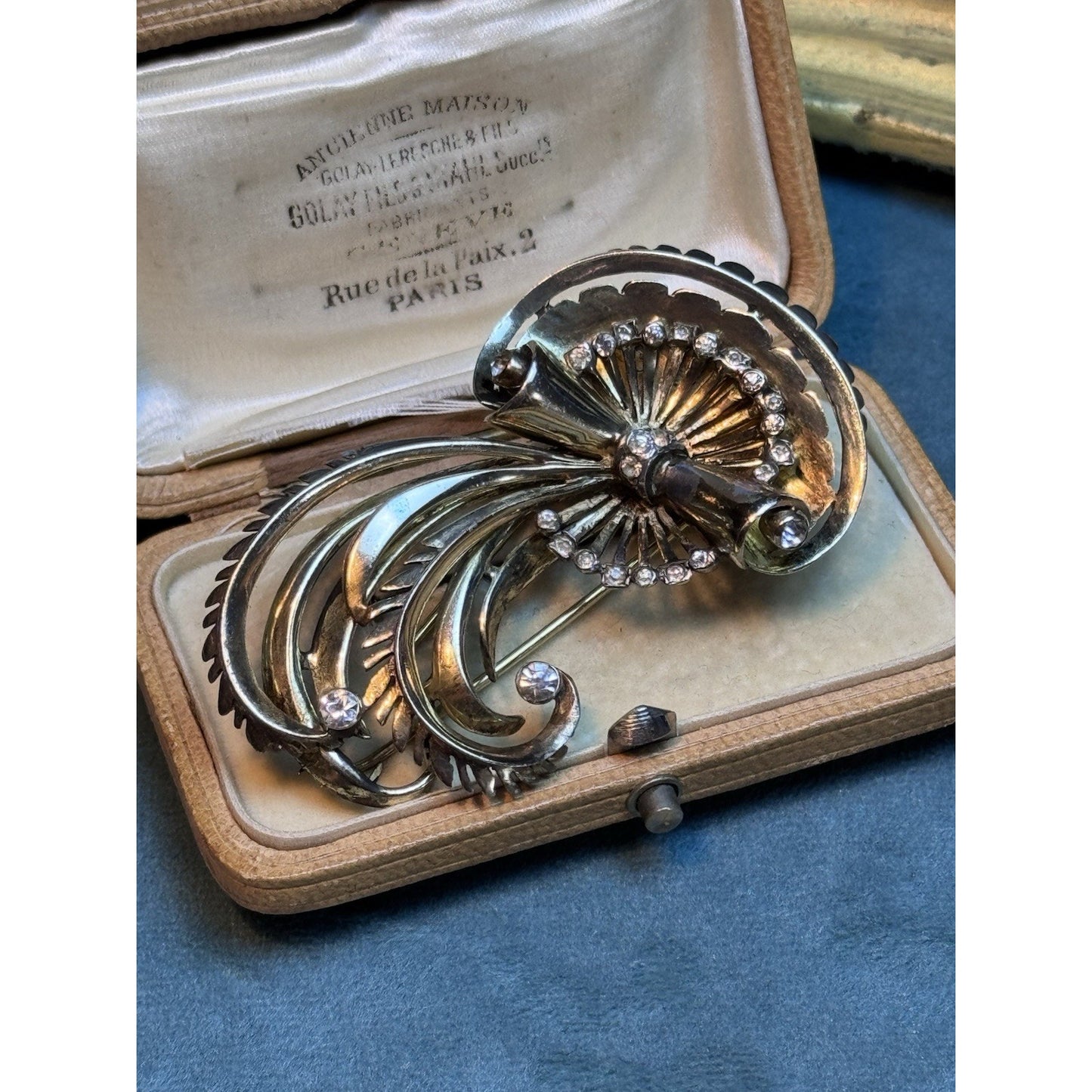 R De Rosa Sterling Vermeil Fur Clip Rhinestone Floral Scroll Design Vintage