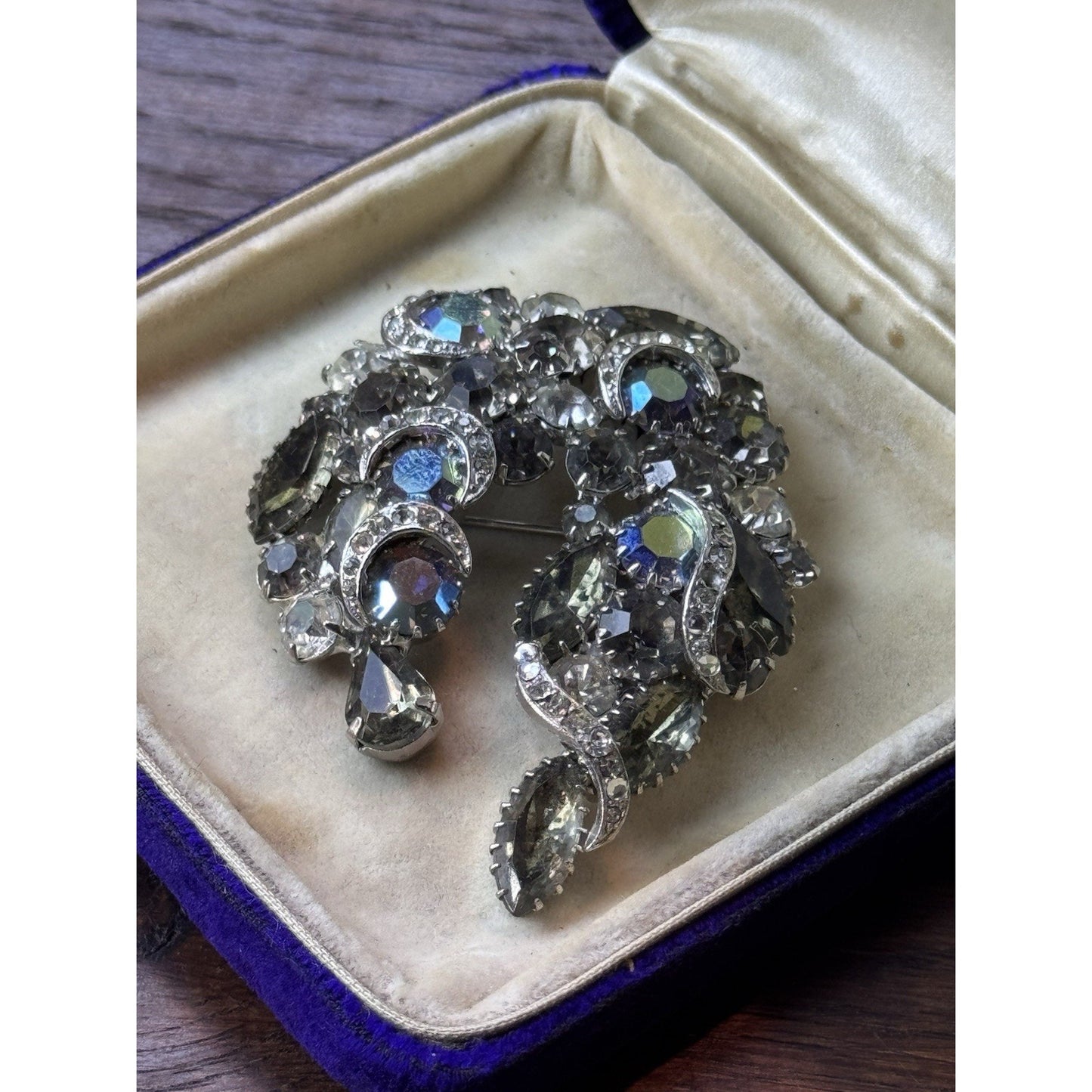 Vintage Rhinestone Brooch 2.5” Smoky Gray Aurora Borealis Crescent Statement