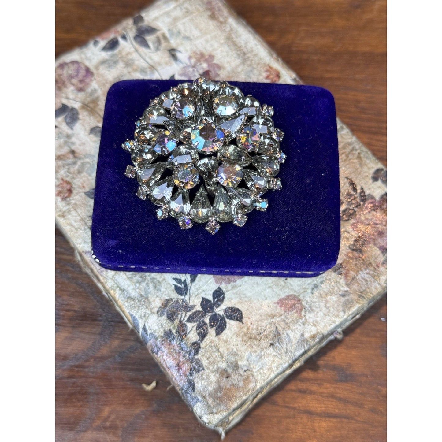 Vintage Smoky Gray AB Rhinestone Statement Brooch 2” Layered Floral Cluster