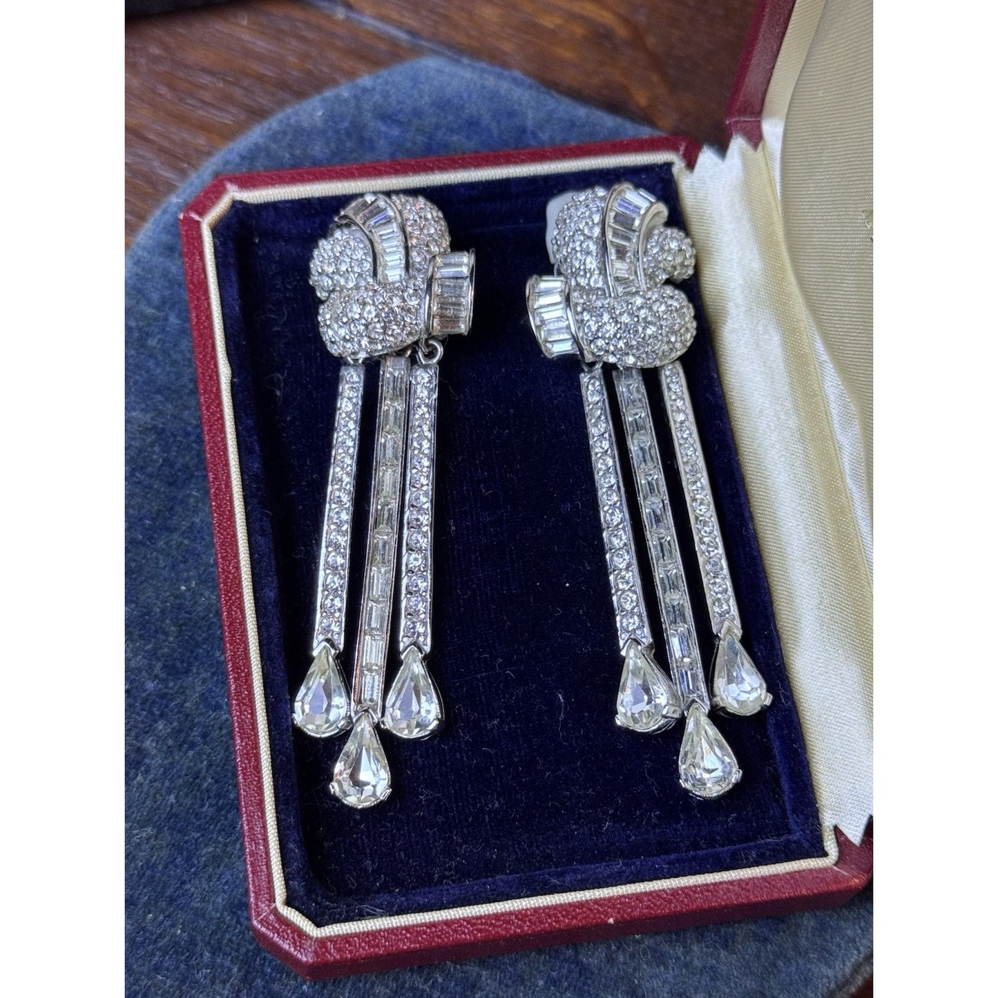 Vintage Ciner Rhinestone Dangle Clip Earrings 3” Baguette Pave