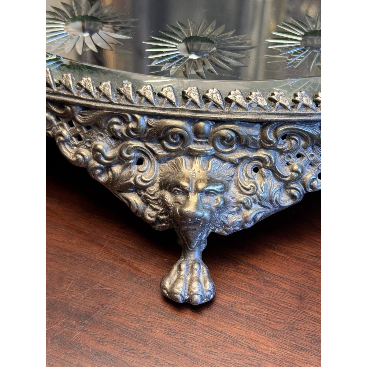 Mirror Plateau Ornate Silvertone Lion Head Paws Beveled Round Top SCRATCHED