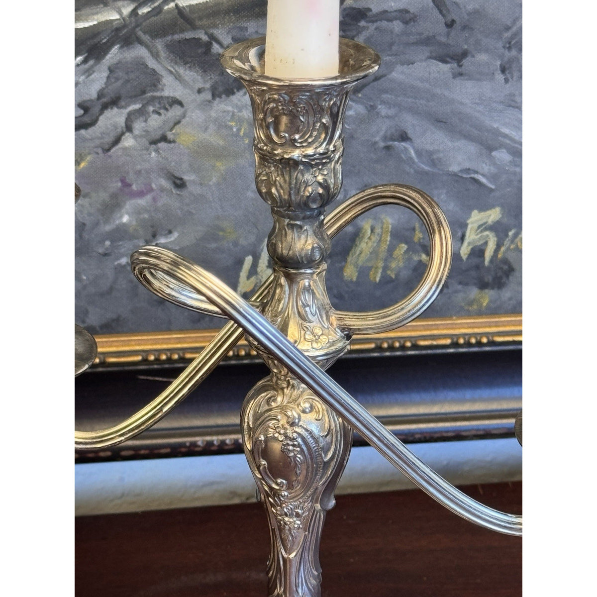 Candelabra Pair Silverplate WM Rogers 3 Light Ornate Floral Scroll Vintage 10”