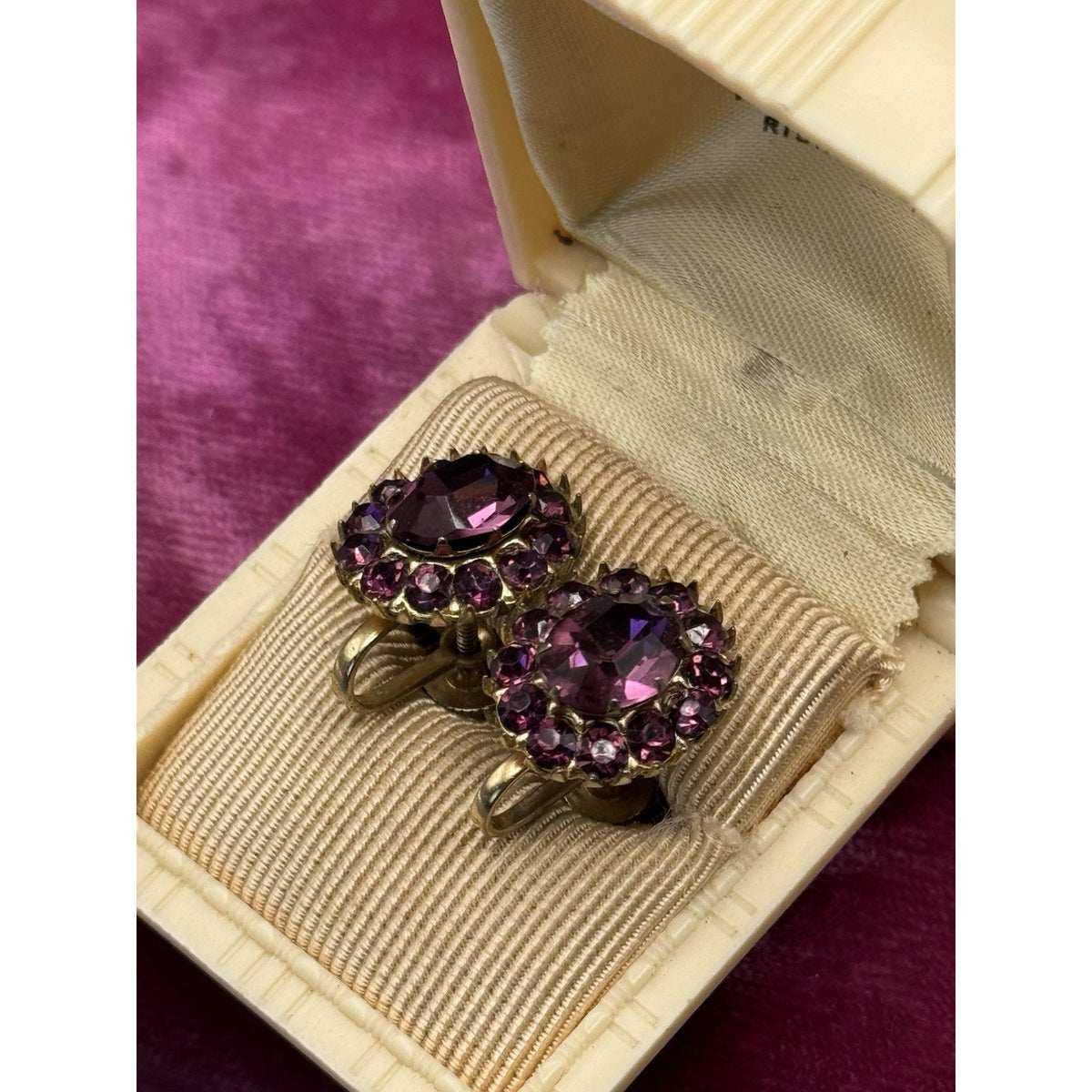 Vintage Earrings Purple Rhinestone Screw Back Goldtone Cluster .75” x .5”
