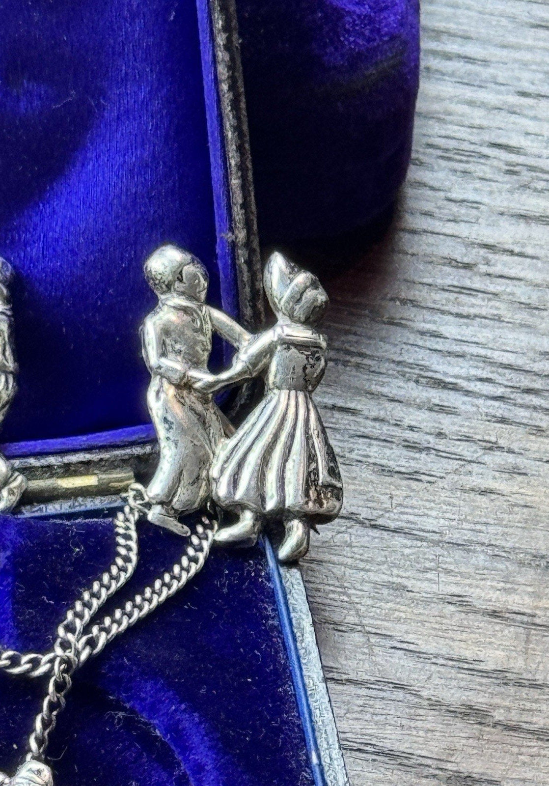 Vintage Dutch Dancers Chatelaine Brooch Silver Kissing Couple 1.38”