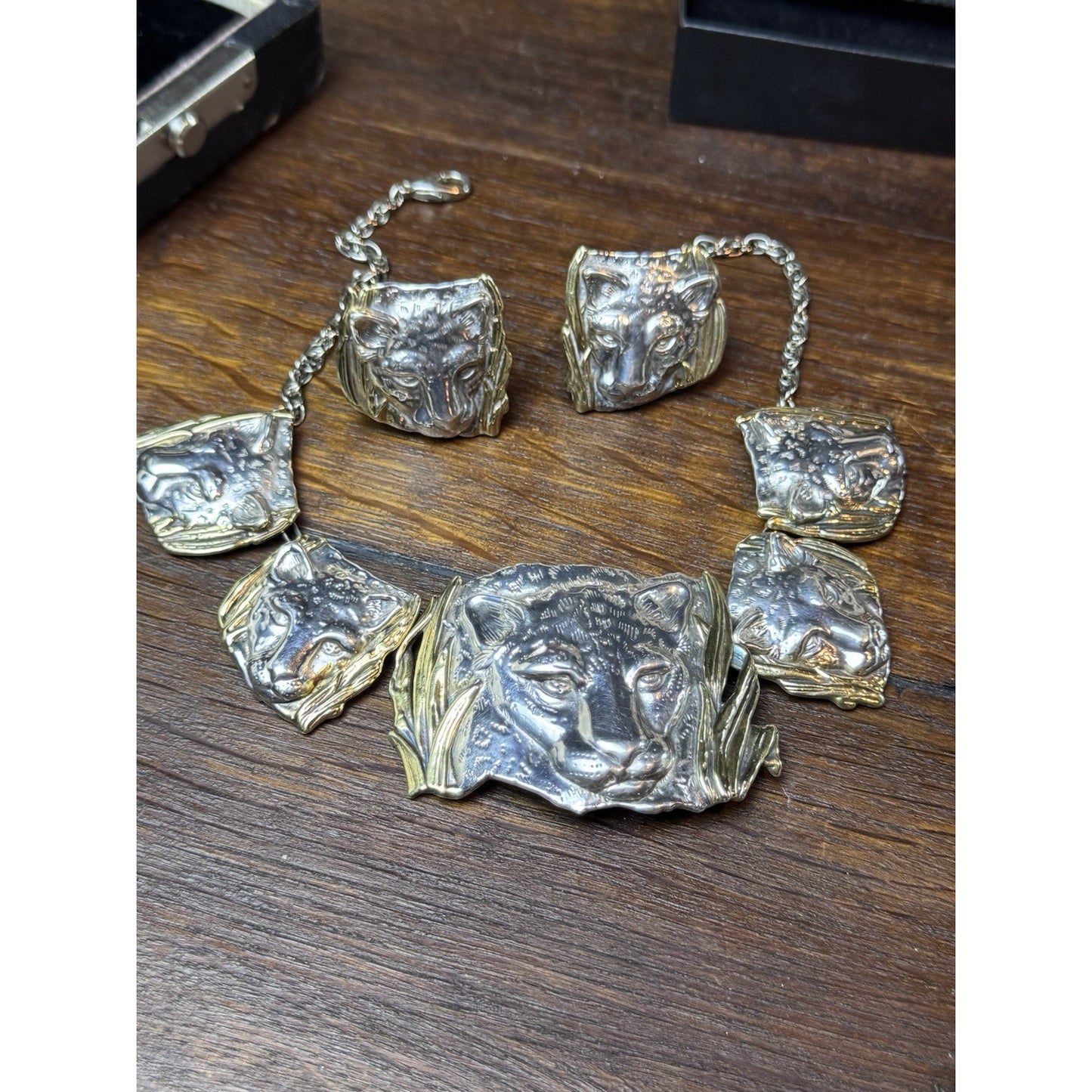 Sterling 925 Leopard Necklace Earrings Set Panther Big Cat Artisan Statement