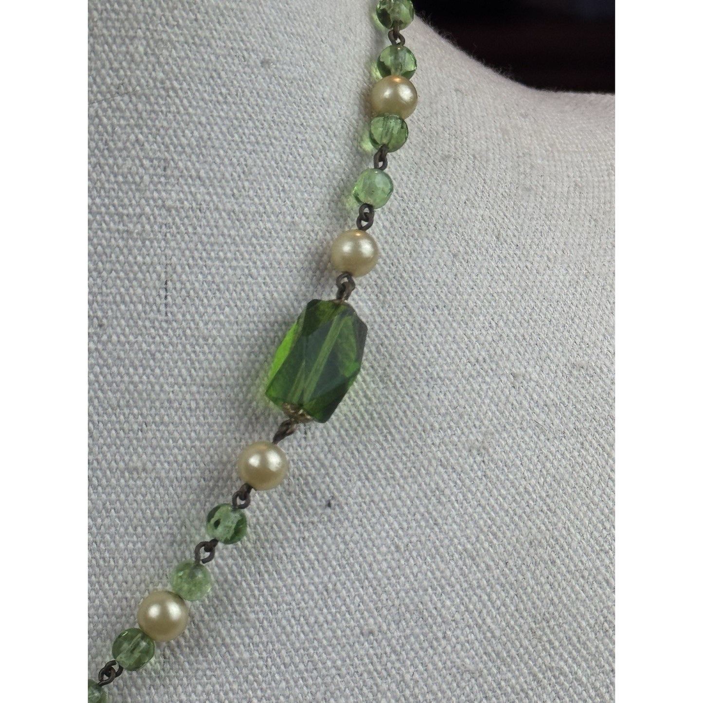 Vintage Czech Style Glass Necklace Green Crystal Faux Pearl Lavalier 17”
