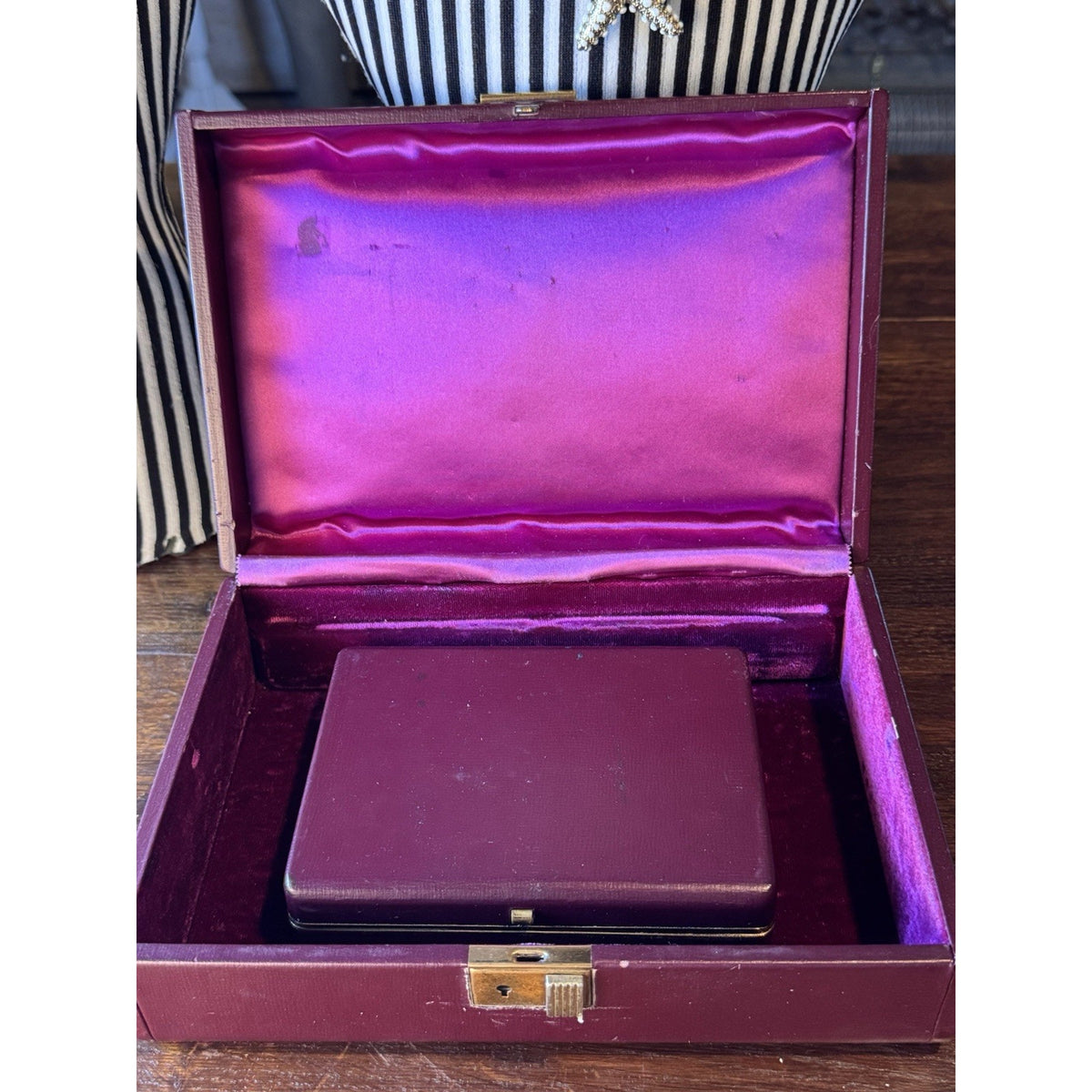 Vintage Farrington Jewelry Box Burgundy Texol Velvet Lined With Insert Case 9.5”