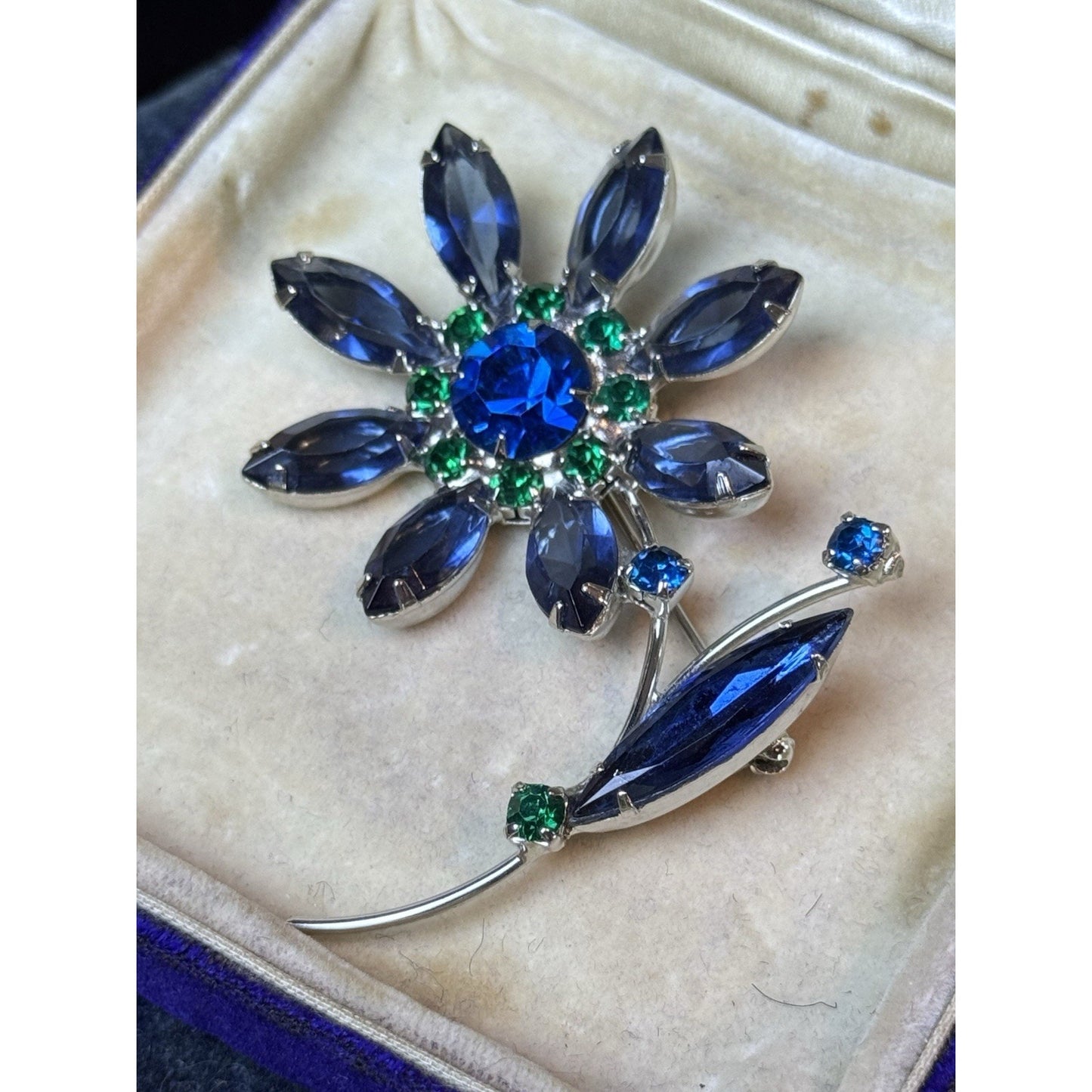 Vintage Blue & Green Rhinestone Flower Brooch Silver Tone Floral Pin 2.5”