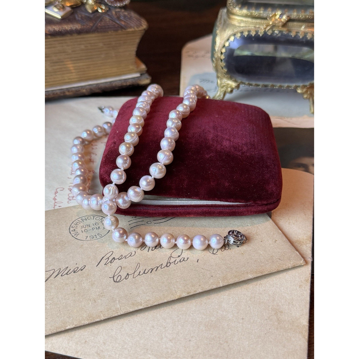 Pink Cultured Pearl Necklace 7mm Knotted Filigree Clasp 24”