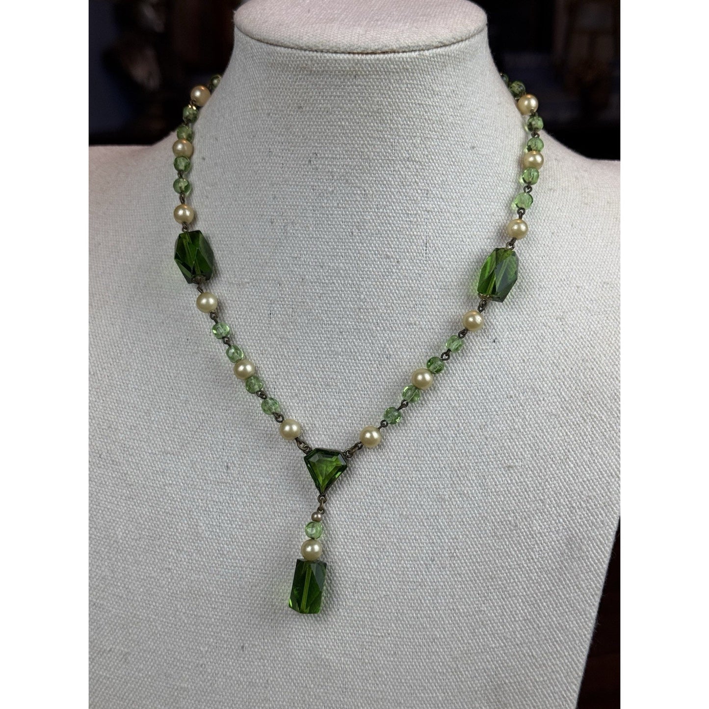 Vintage Czech Style Glass Necklace Green Crystal Faux Pearl Lavalier 17”