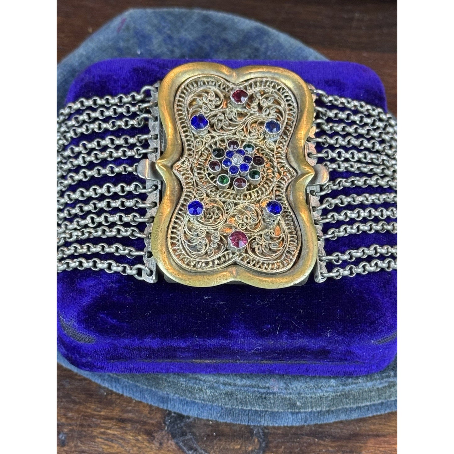 Vintage Trachten Choker Necklace 12 Strand Rhinestone Filigree Brass 13”