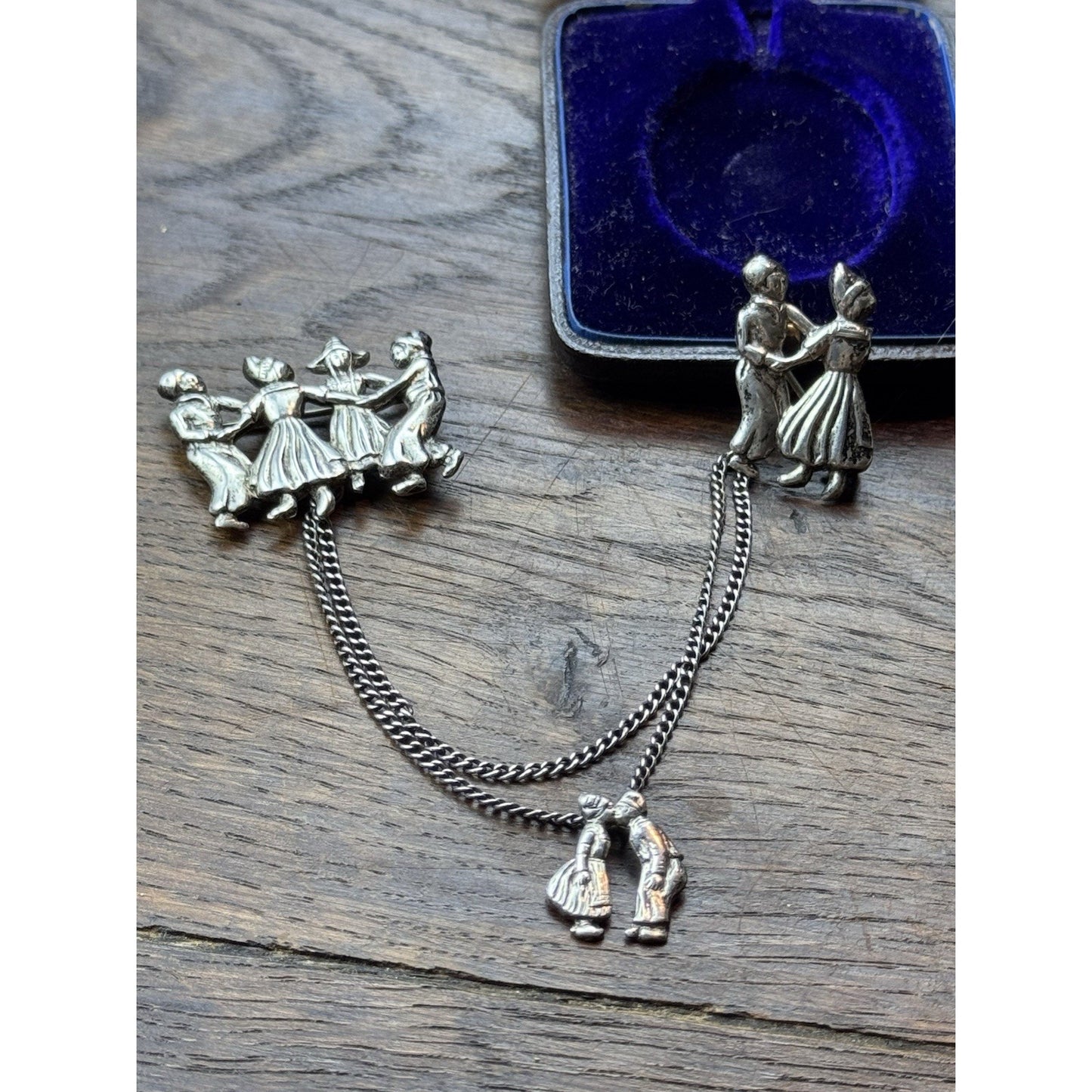 Vintage Dutch Dancers Chatelaine Brooch Silver Kissing Couple 1.38”