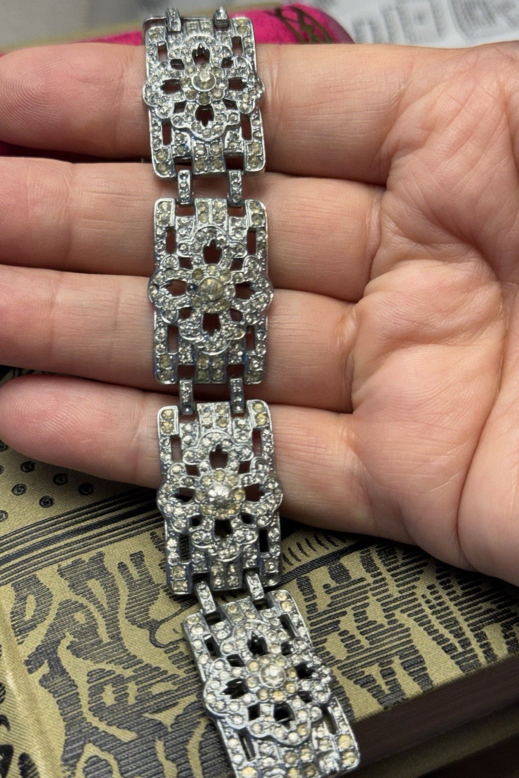 Art Deco Bracelet Clear Rhinestone Statement Vintage Jewelry 7.25”