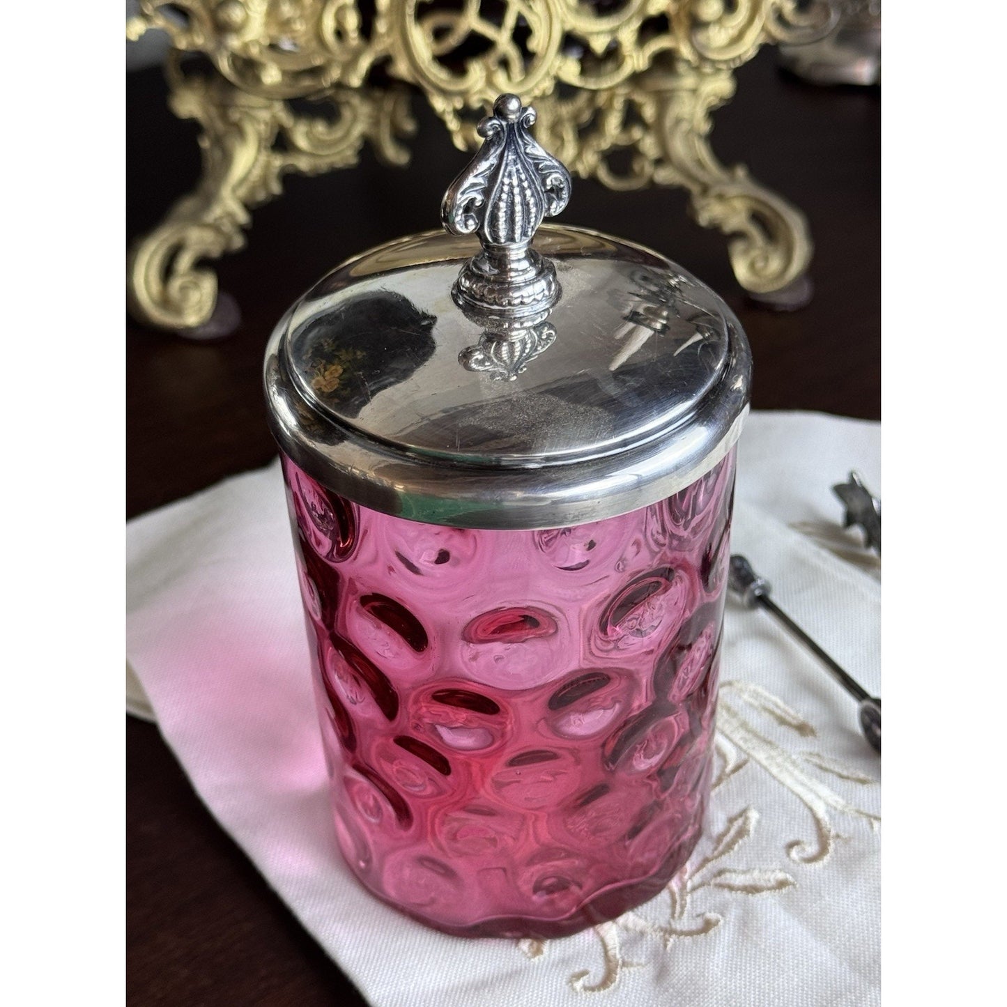 Antique Pickle Castor Cranberry Thumbprint Glass Silverplate Lid Tongs Jar Chips on Rim!!!