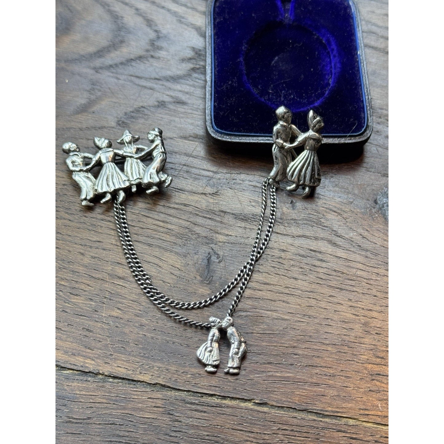 Vintage Dutch Dancers Chatelaine Brooch Silver Kissing Couple 1.38”