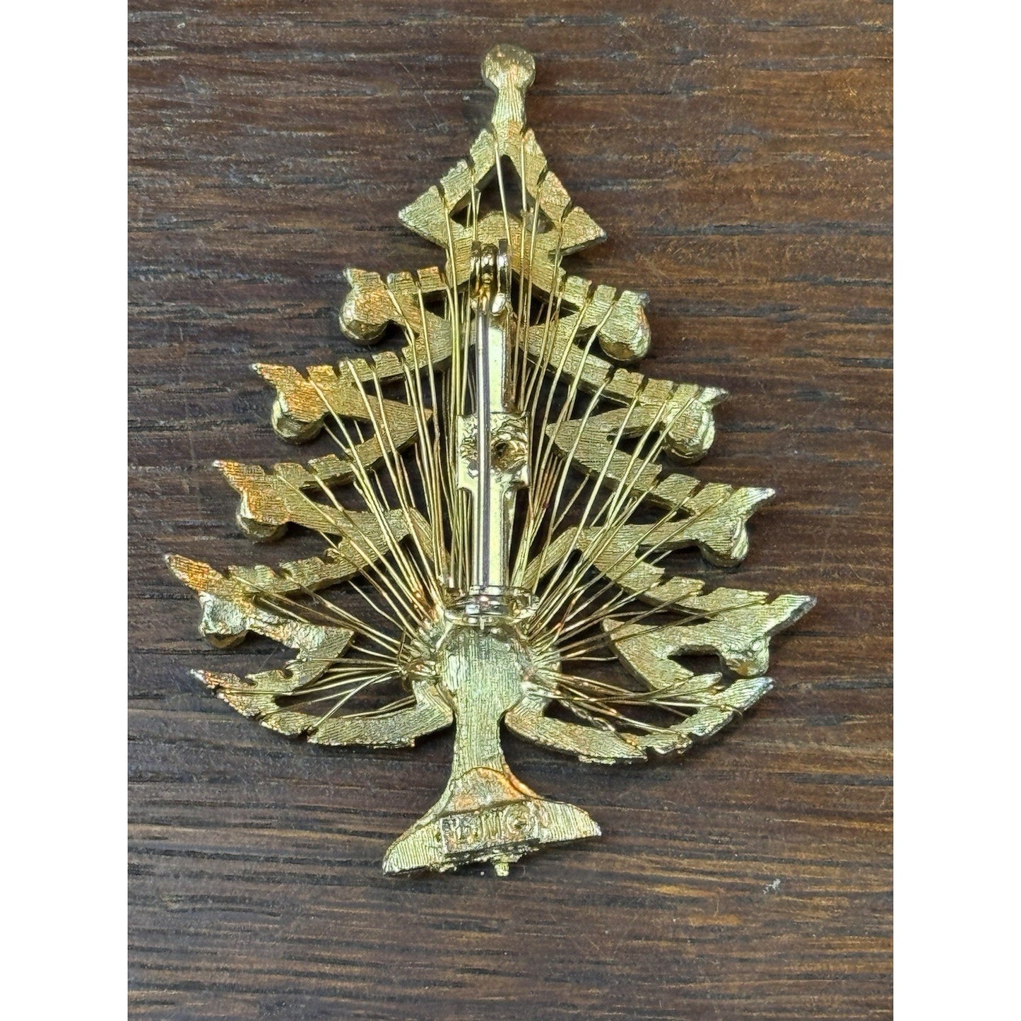 Vintage LJM Rhinestone Christmas Tree Brooch Goldtone Harp Wire Holiday Pin