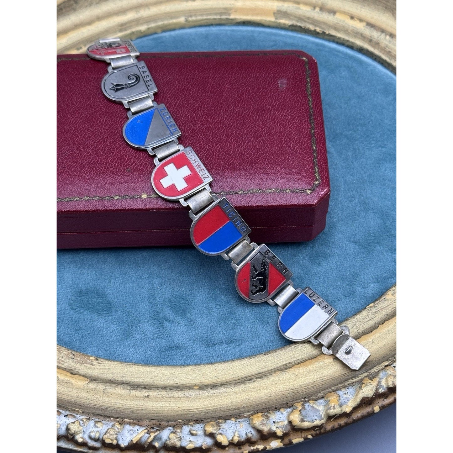 Vintage Swiss Souvenir Bracelet Enamel Cantons 6.75”