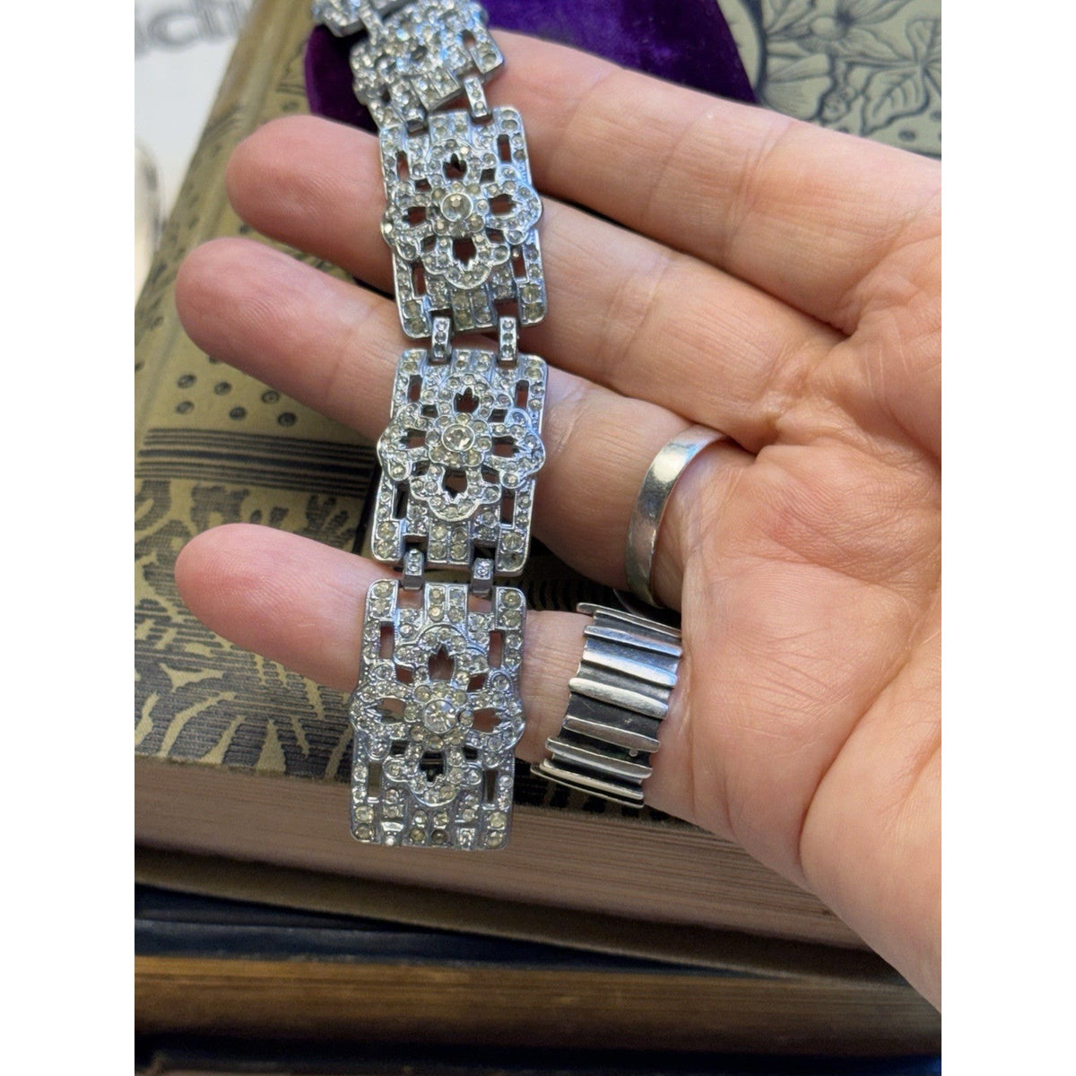 Art Deco Bracelet Clear Rhinestone Statement Vintage Jewelry 7.25”