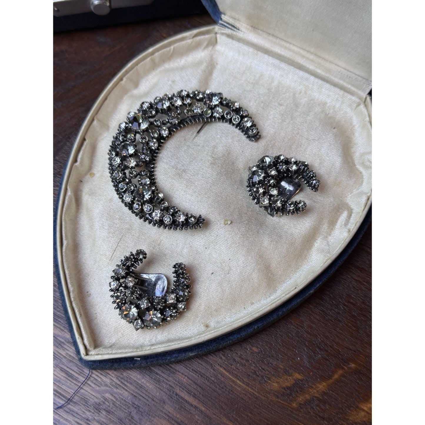 Vintage Rhinestone Crescent Moon Brooch Earrings Set Gray Clear Clip-On 3 Pc