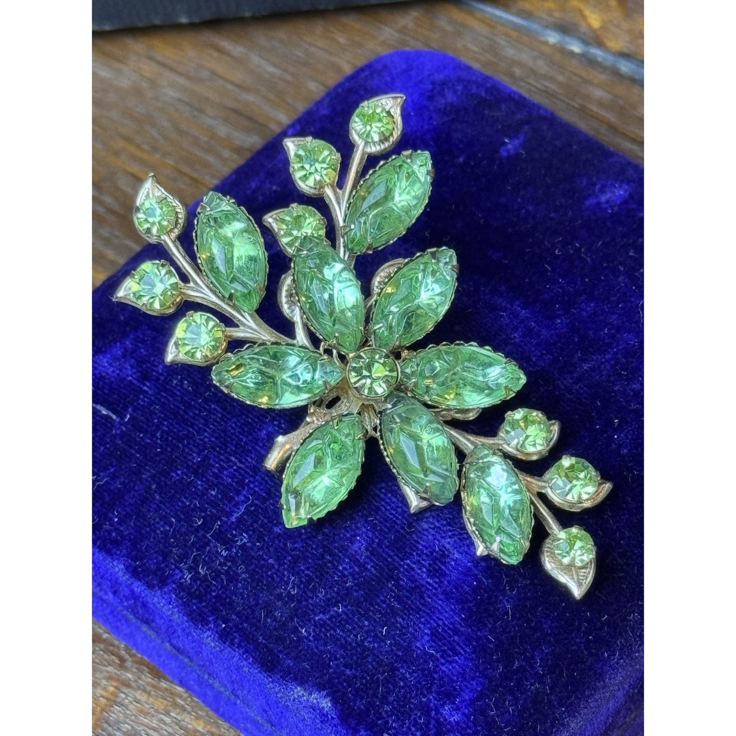Green Brooch Lucite Rhinestone Goldtone Floral Spray Pin 2.75” VINTAGE