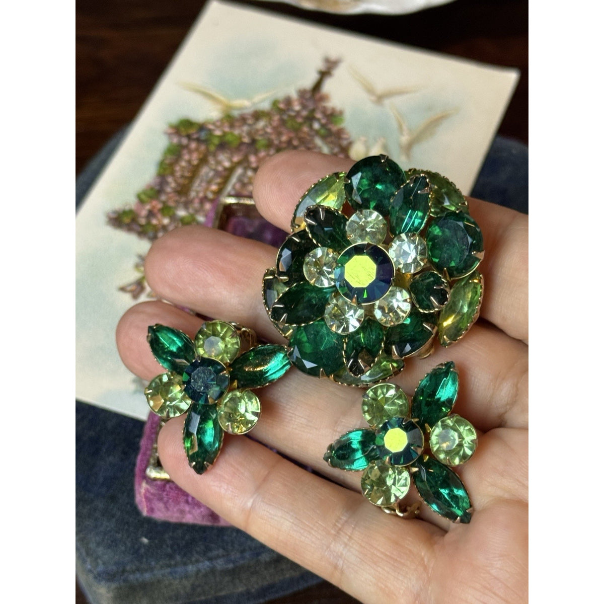 Beau Jewels Brooch Earrings Set Green Rhinestone Goldtone Clip On 1.75” Vintage