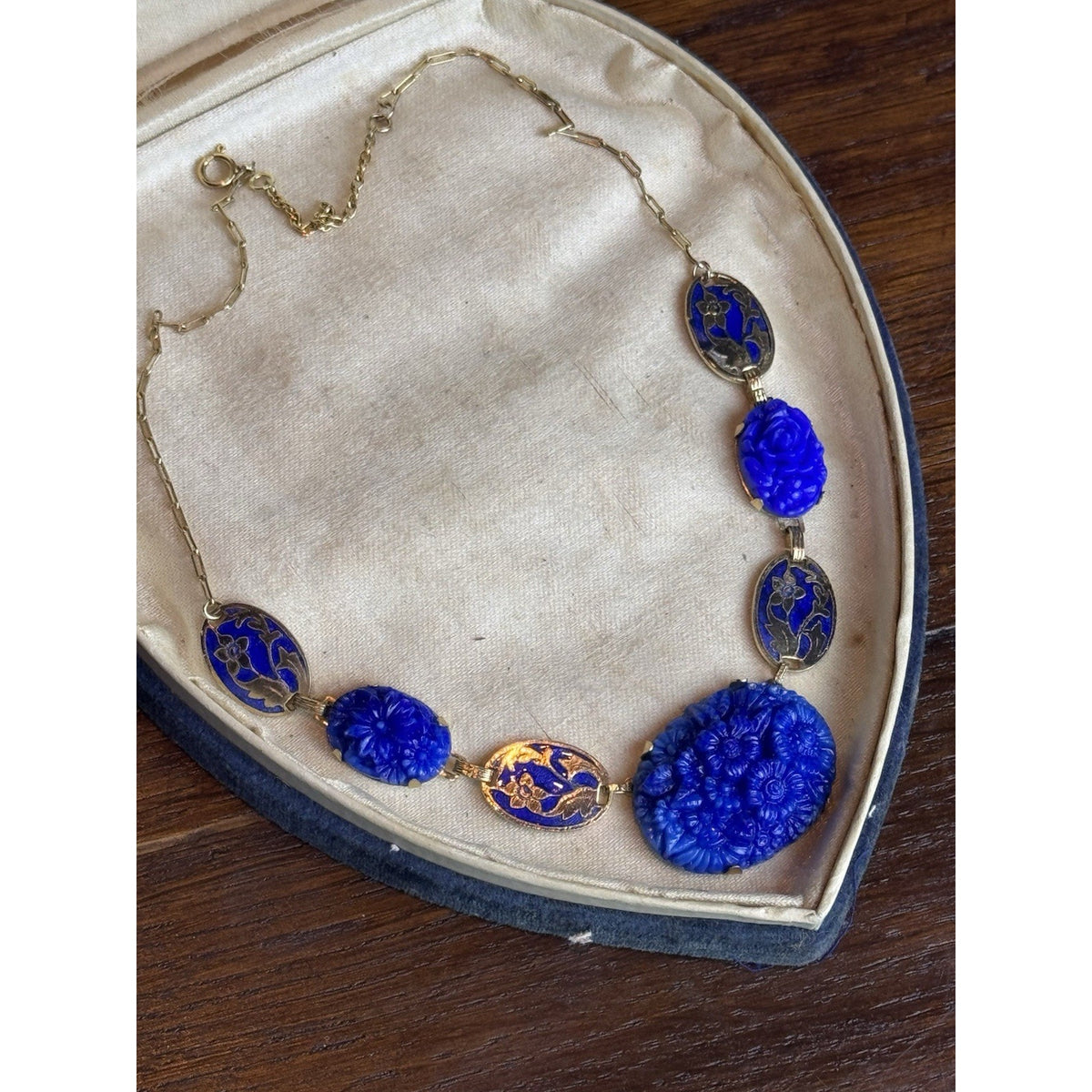 Vintage Czech Necklace Blue Pressed Glass Floral Enamel Goldtone Art Deco 16”