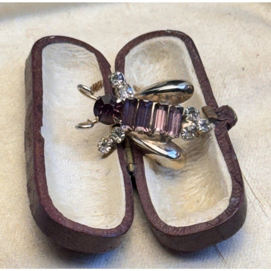 Bee Brooch Purple Baguette Clear Rhinestone Goldtone Vintage Insect Pin 1.25”
