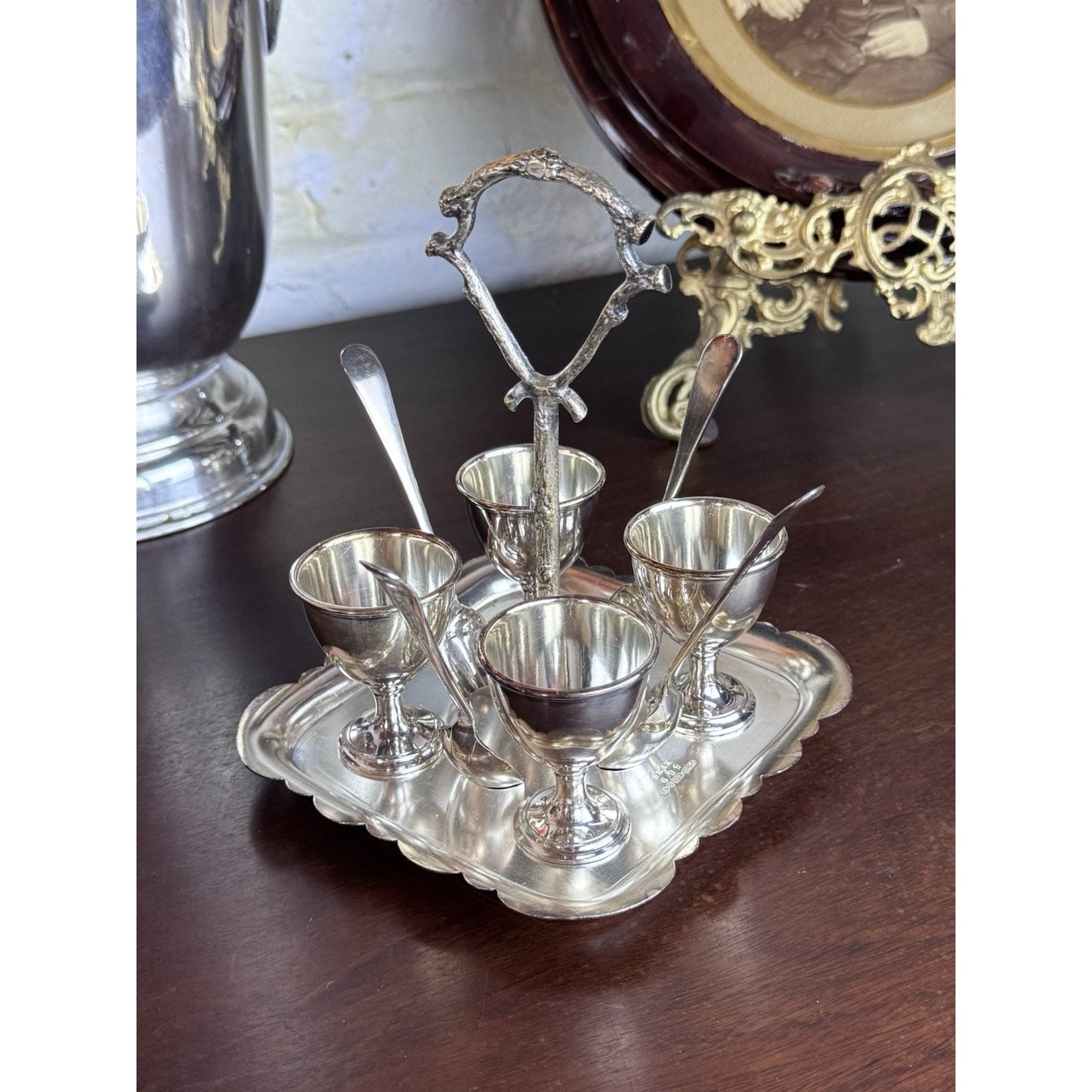 Silverplate Egg Cruet Set 4 Cups Spoons Caddy F Brothers Ltd English Antique
