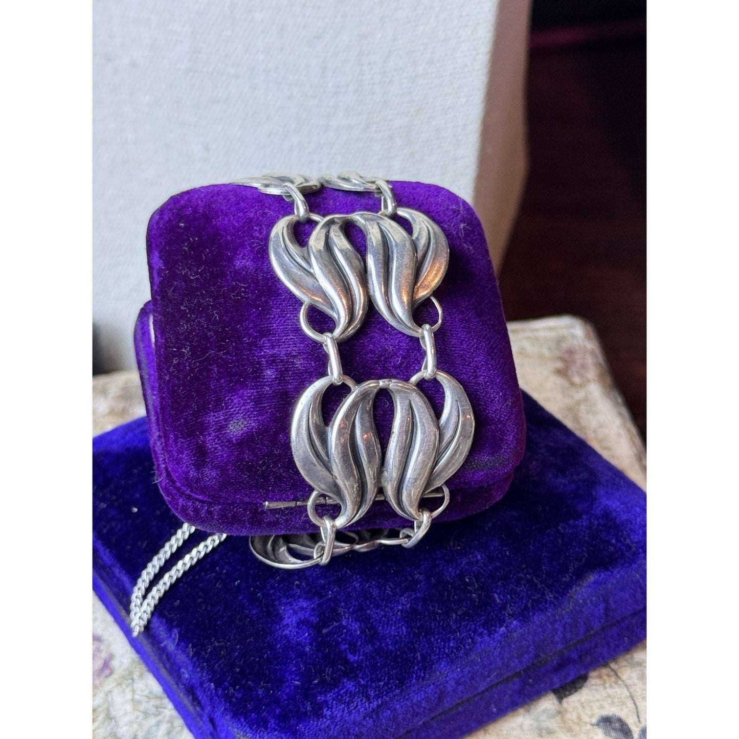 Jewelart Sterling Bracelet Silver Leaf Link 7.5” Wide Signed 925 VINTAGE